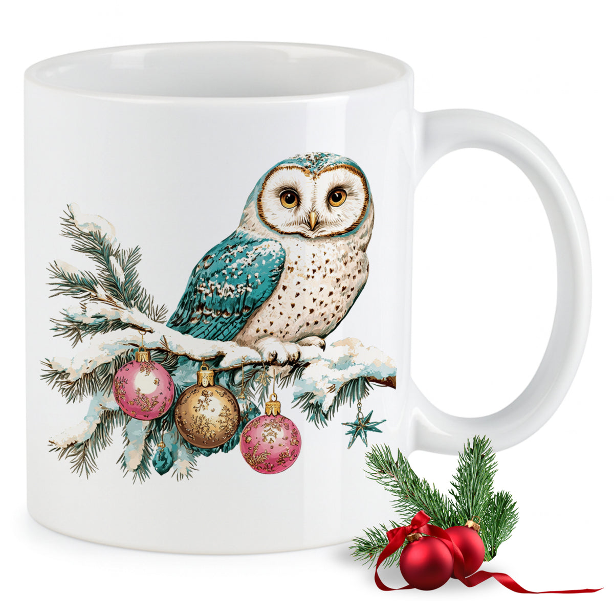 Weißer Becher mit Eule, grünen und rosa Weihnachtskugeln.