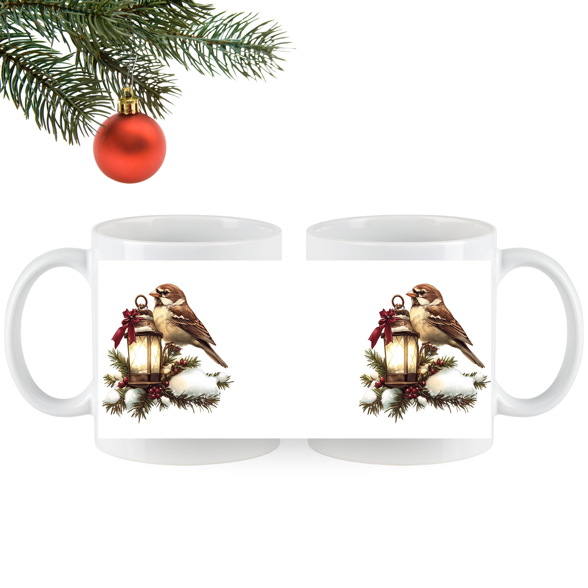 Weißer Becher mit Vogel und Laterne, weihnachtliches Design.