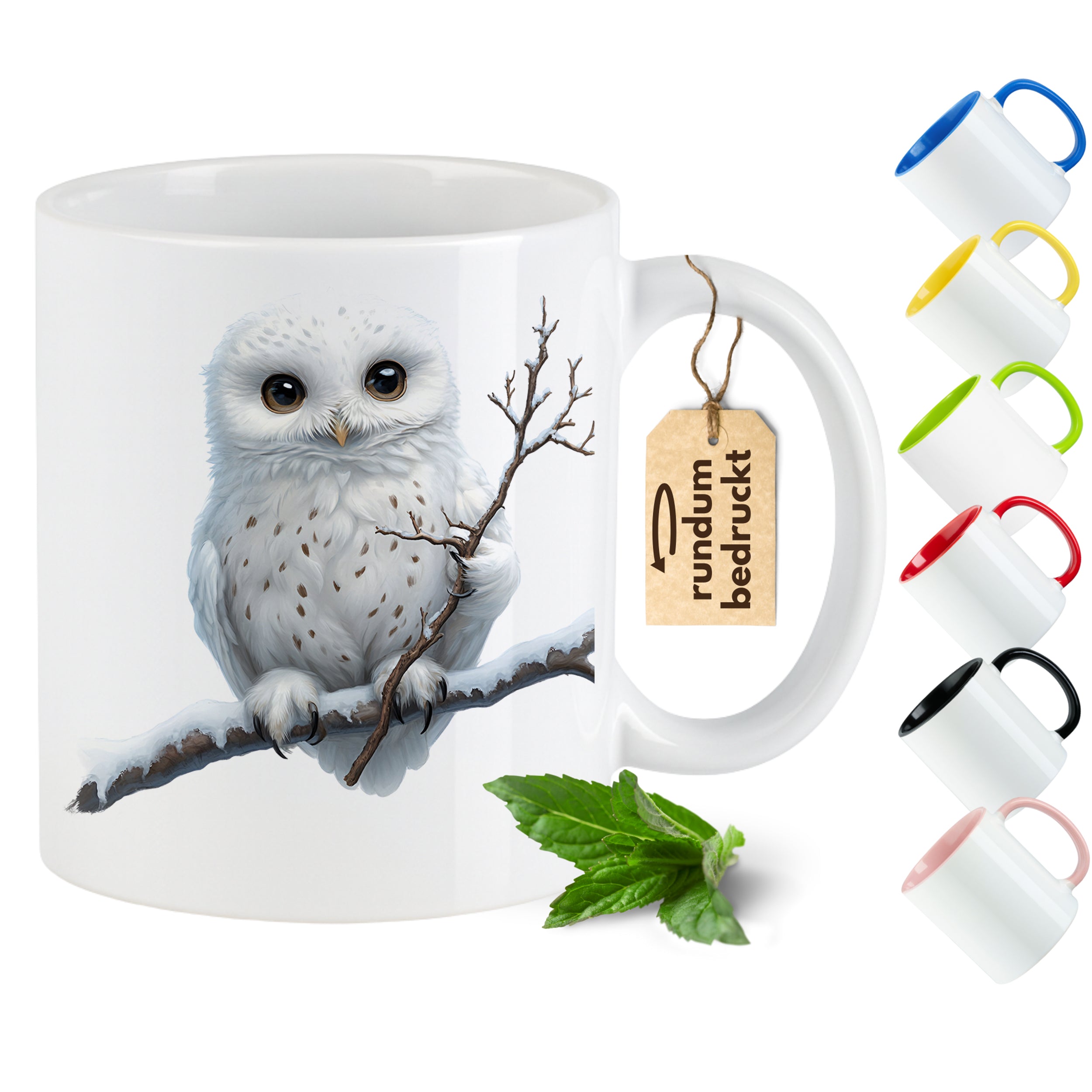 Tasse mit Eule, weiß, farbige Henkel, detaillierte Illustration.