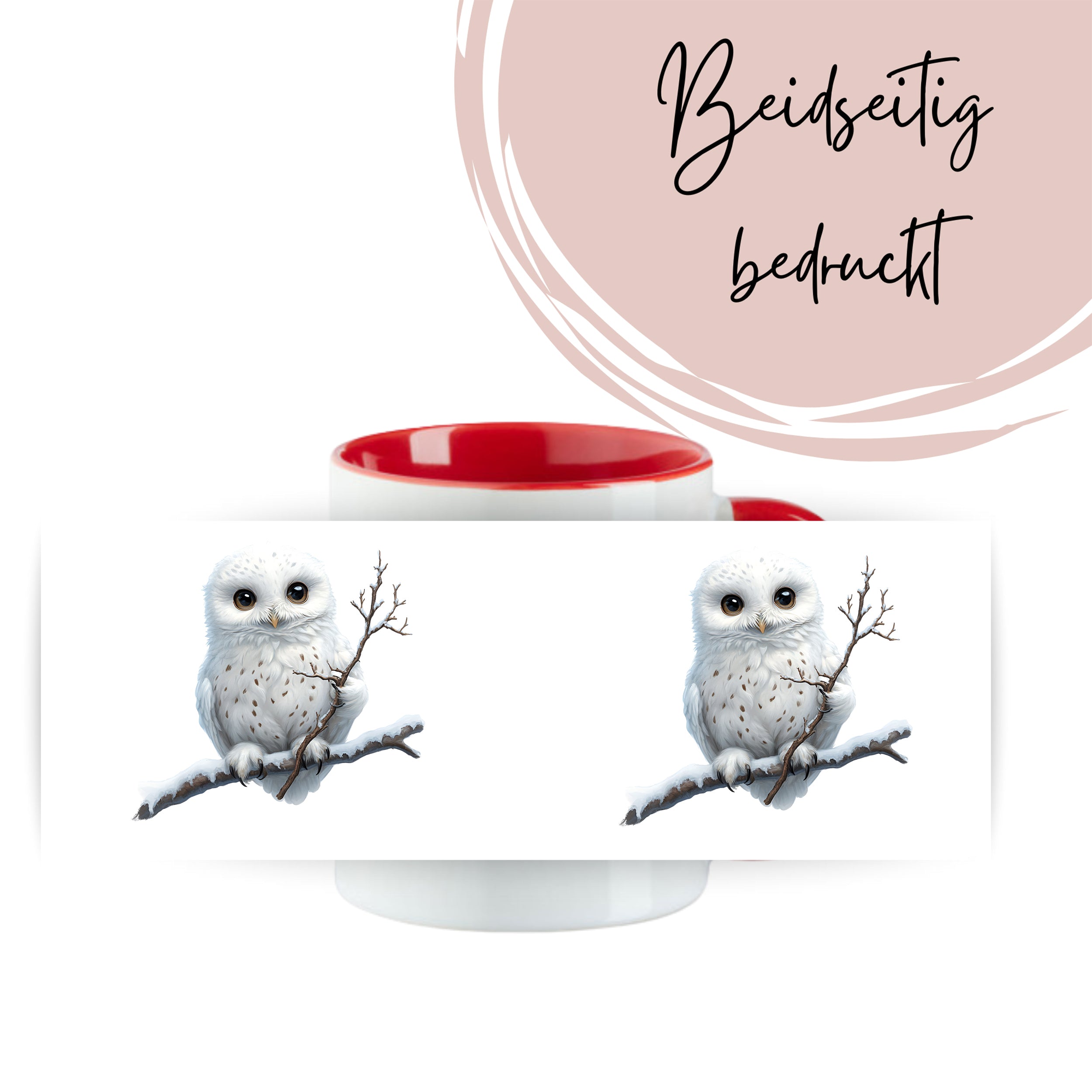 Tasse mit roten Rand, beidseitig bedruckt, Eule auf Ast.