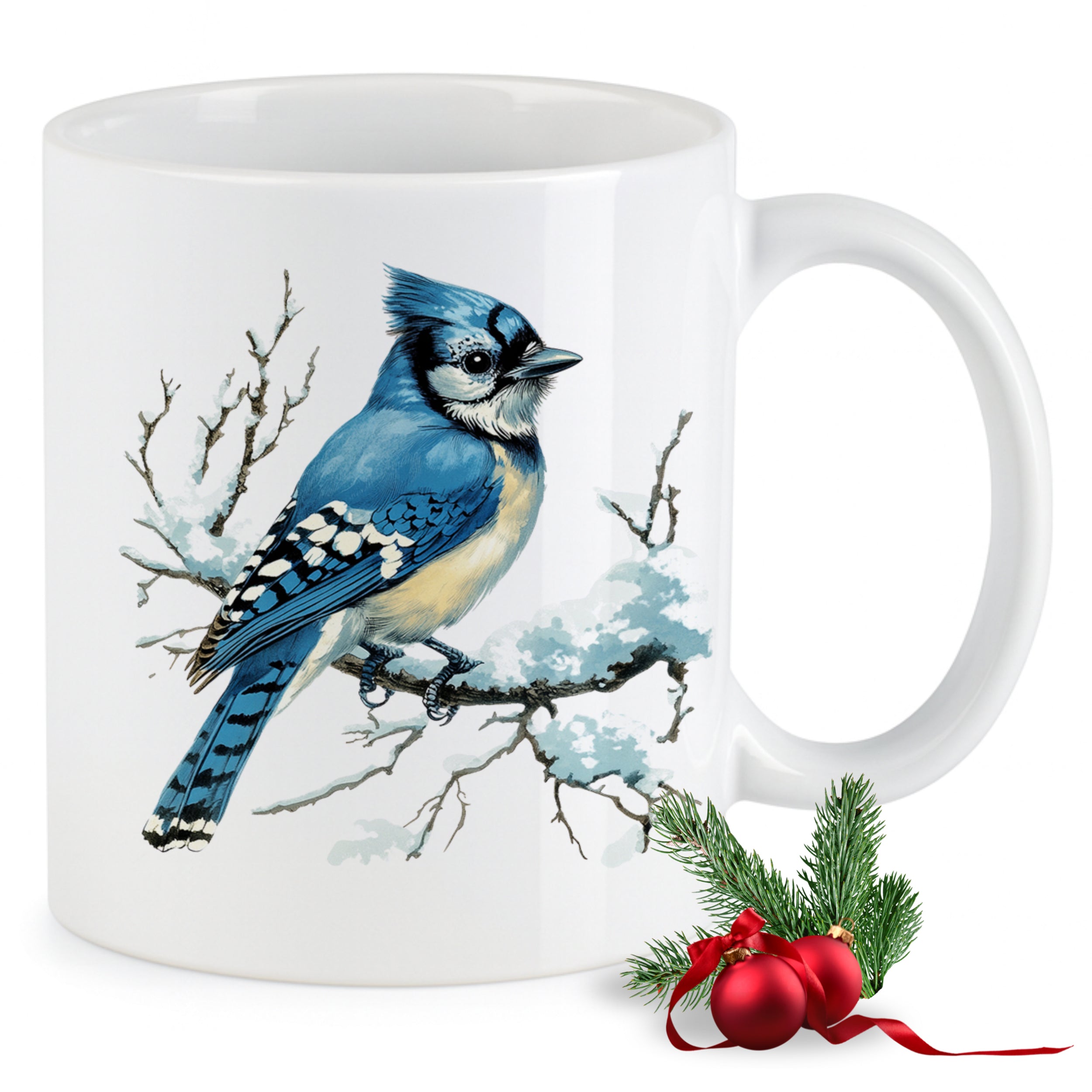 Weißer Becher mit blauem Vogel auf Schneezweig.