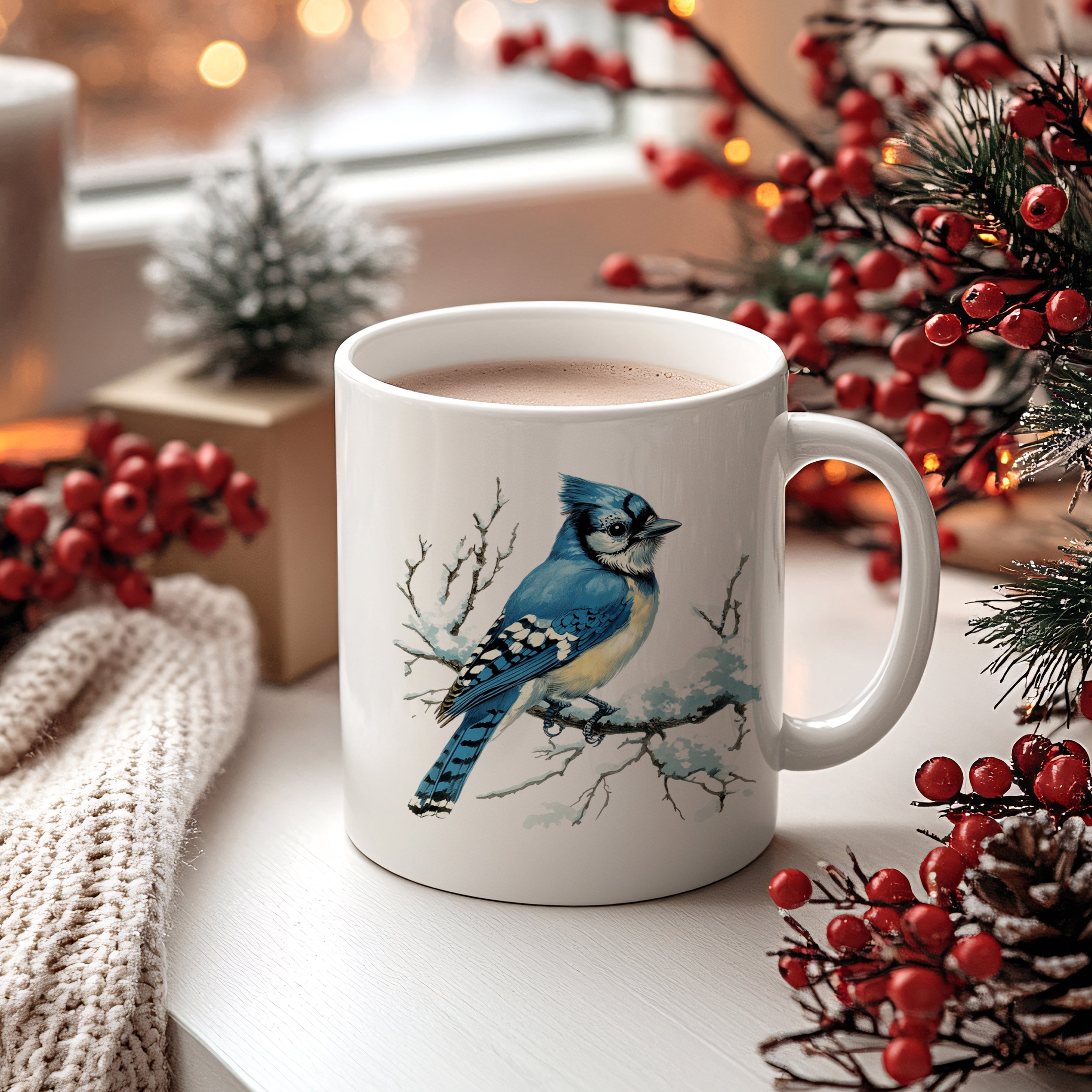 Weißer Becher mit blauem Eichelhäher-Motiv und heißem Getränk.