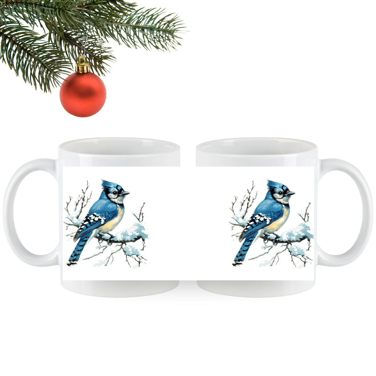 Zwei weiße Tassen mit blauen Eichelhäher-Motiven.