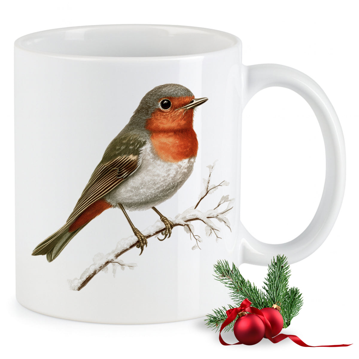 Weißer Kaffeebecher mit rotem Vogelmotiv und Zweig.
