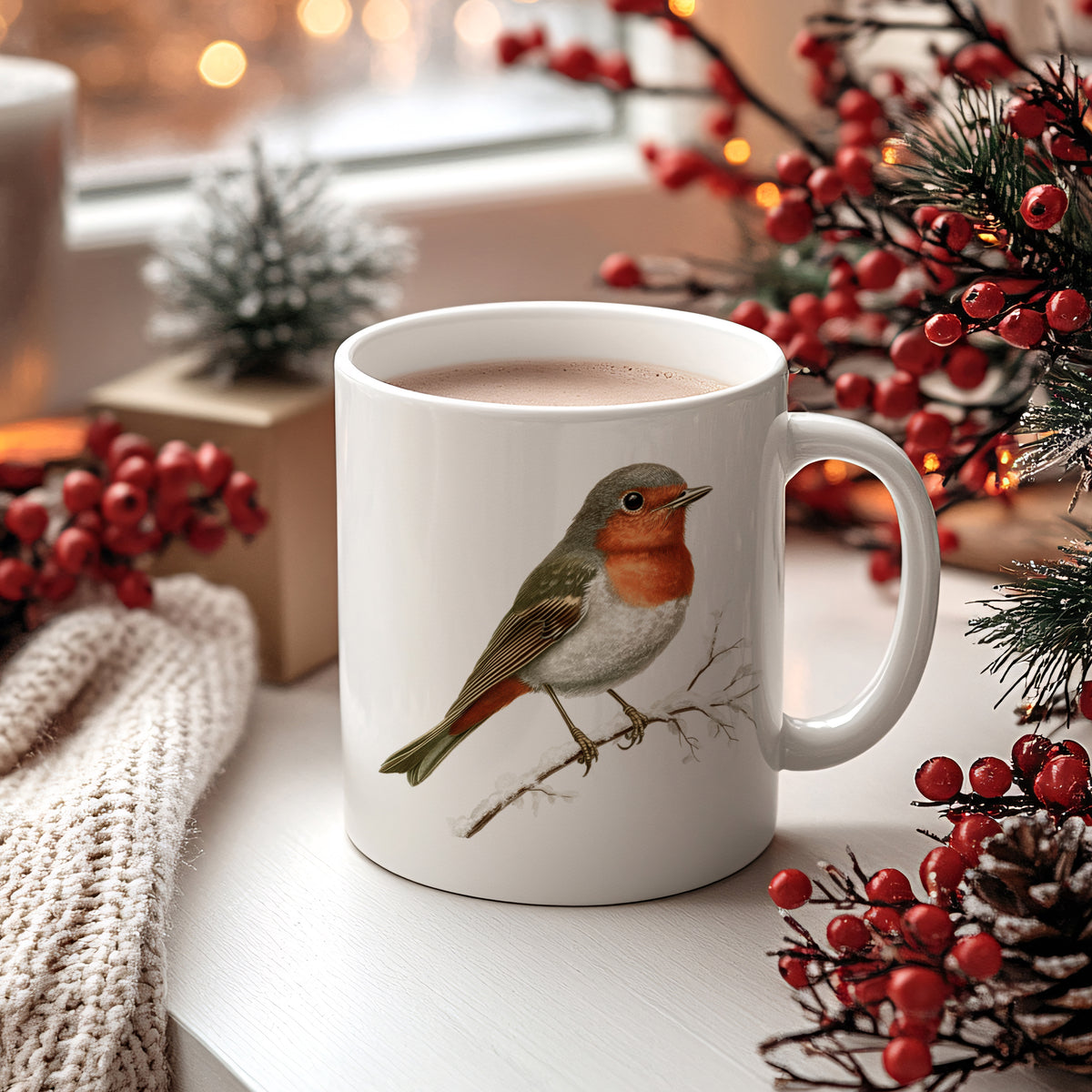 Weiße Tasse mit Vogelmotiv und heißem Getränk.