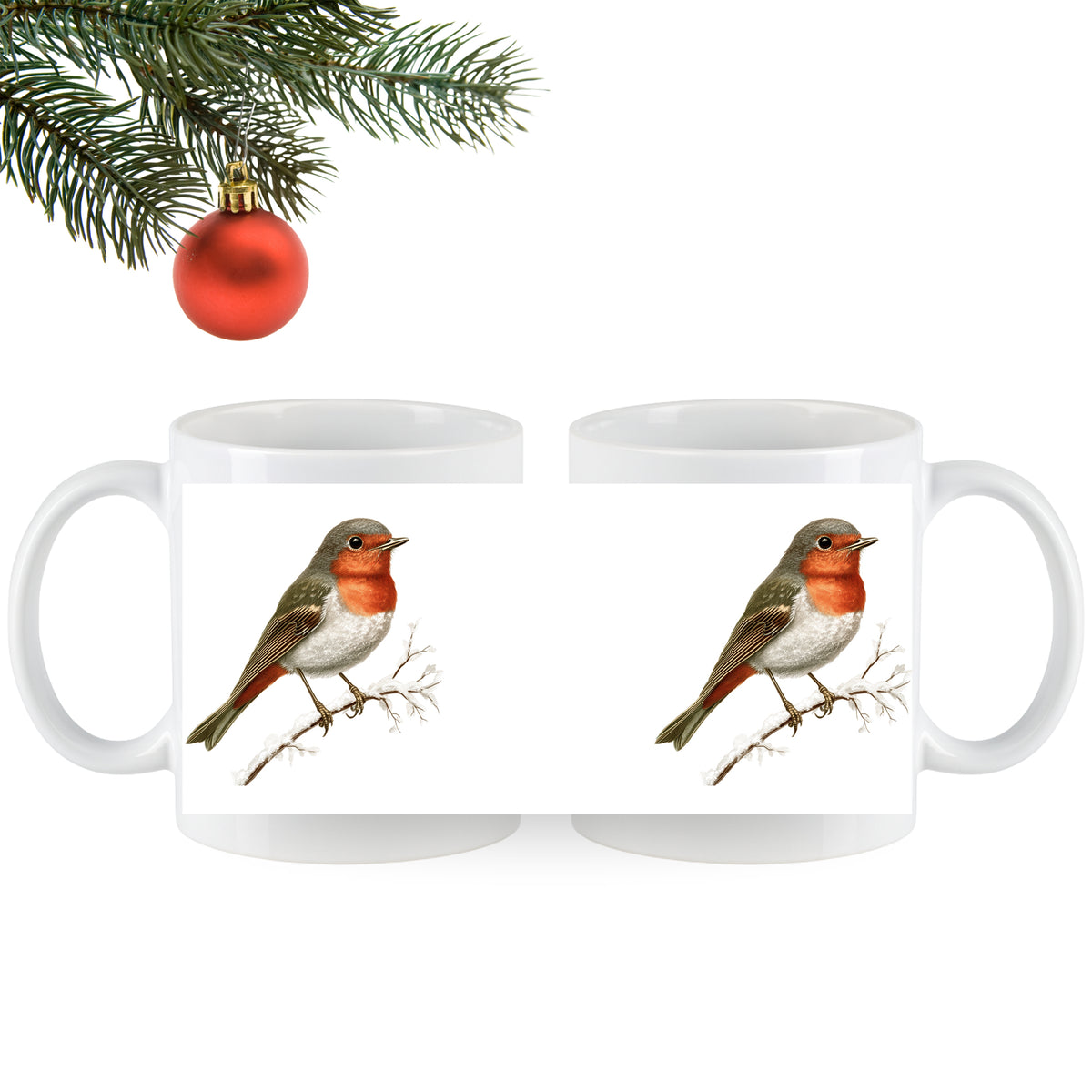 Tassen mit buntem Vogelmotiv auf weißem Hintergrund.