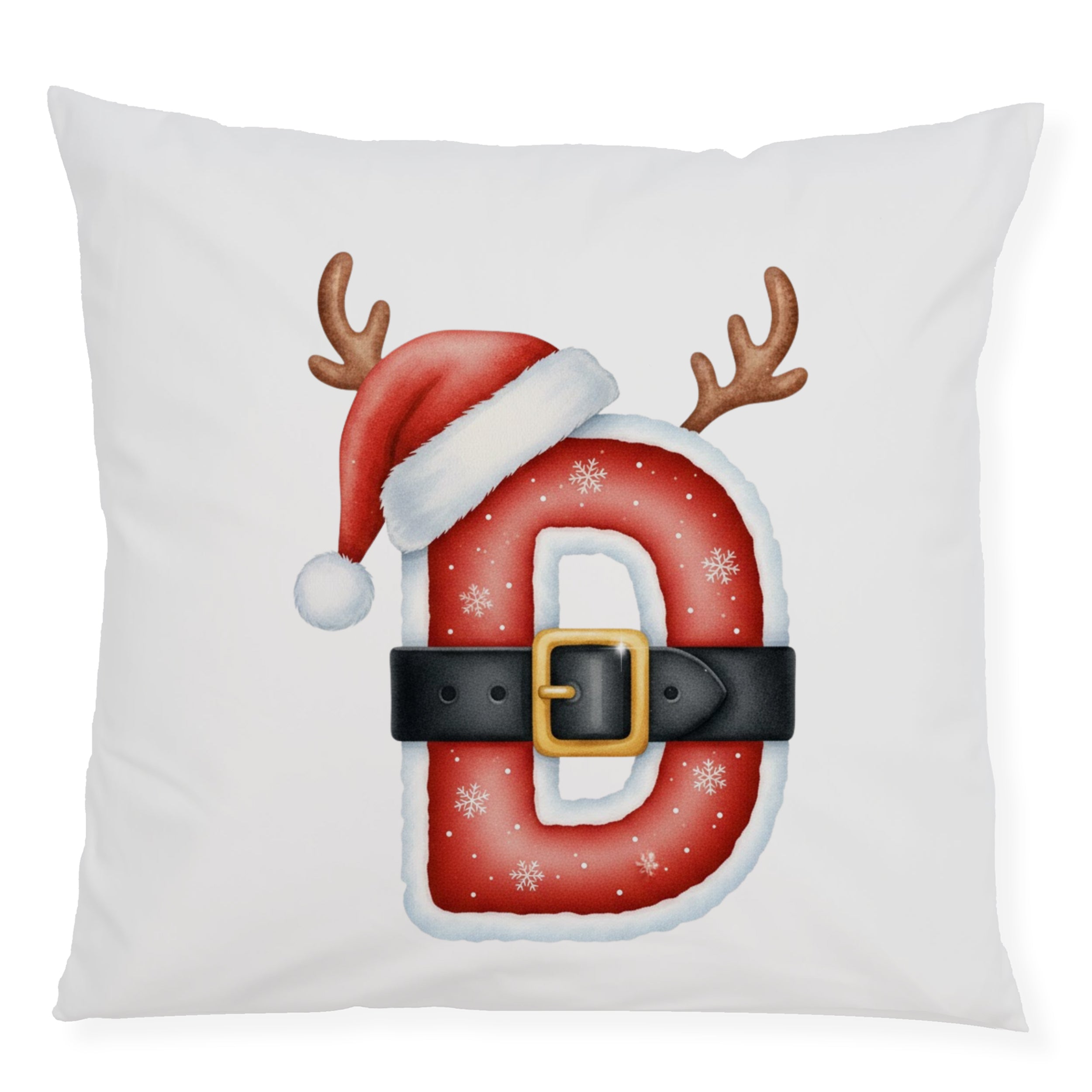 Weihnachtliches Kissen mit rotem Buchstaben D, Mütze und Geweih.