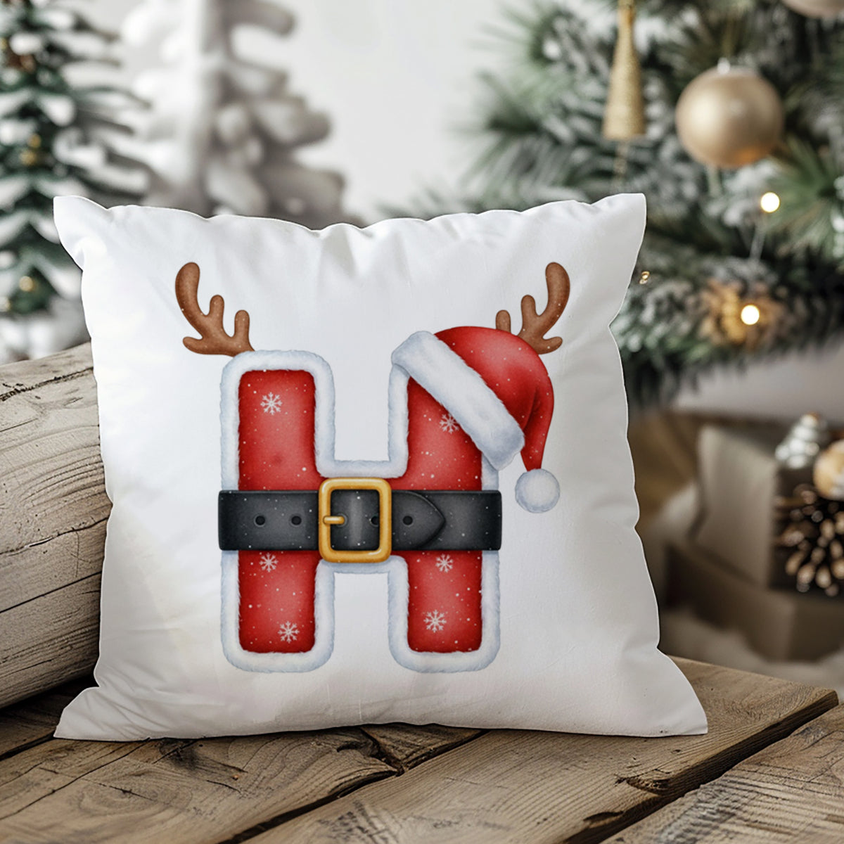Weihnachtliches Kissen mit rotem "H", Rentiergeweih und Mütze.