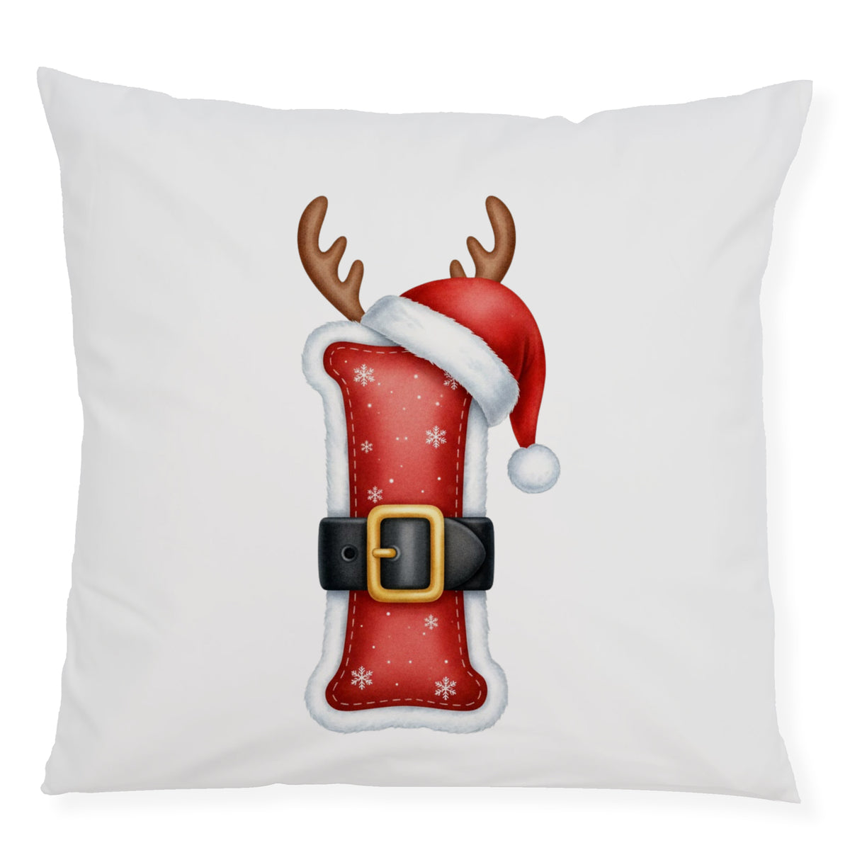Rote Weihnachtskissen mit Geweih und Mütze.