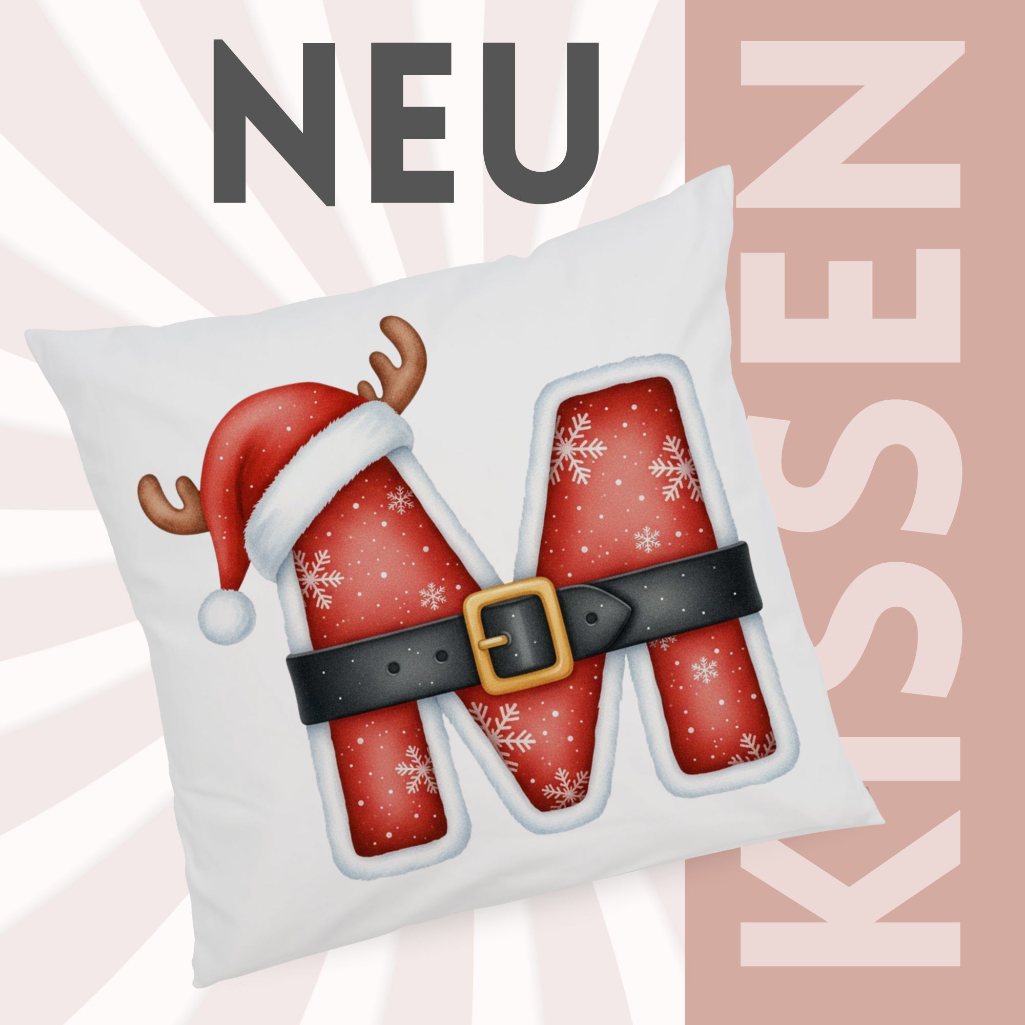 Kissen mit rotem Weihnachtsmotiv und Buchstabe M