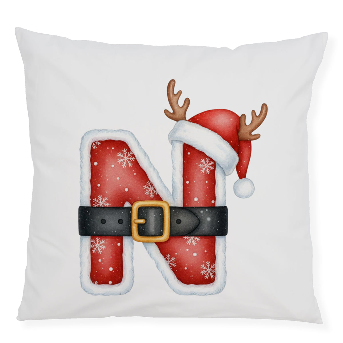 Kissen mit rotem "N", Weihnachtsmütze und Geweih.
