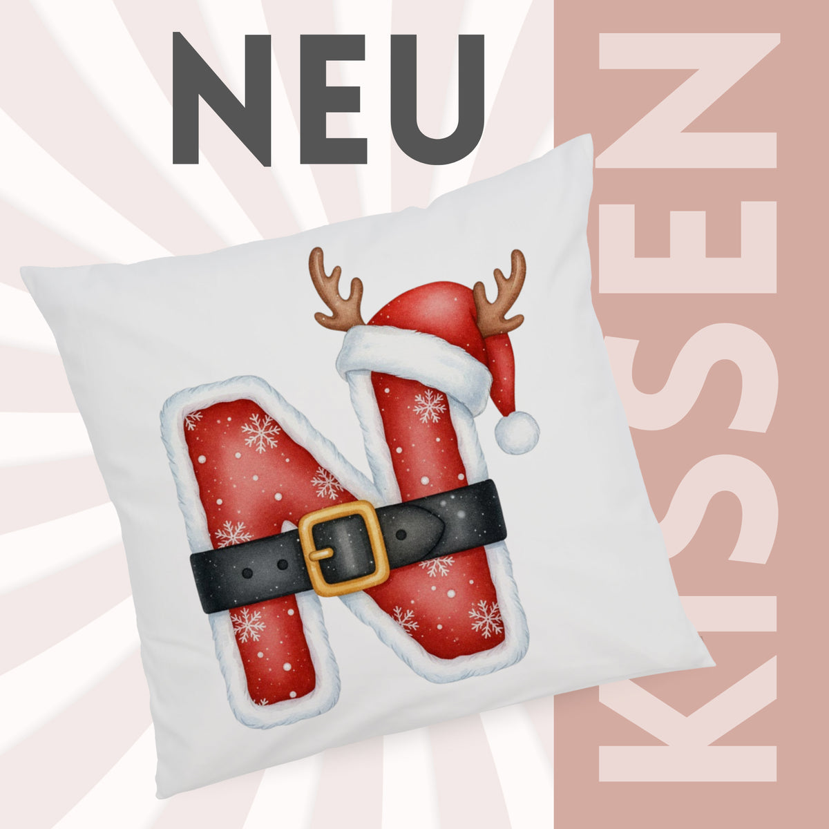 Kissen mit rotem Weihnachtsdesign und Buchstaben N
