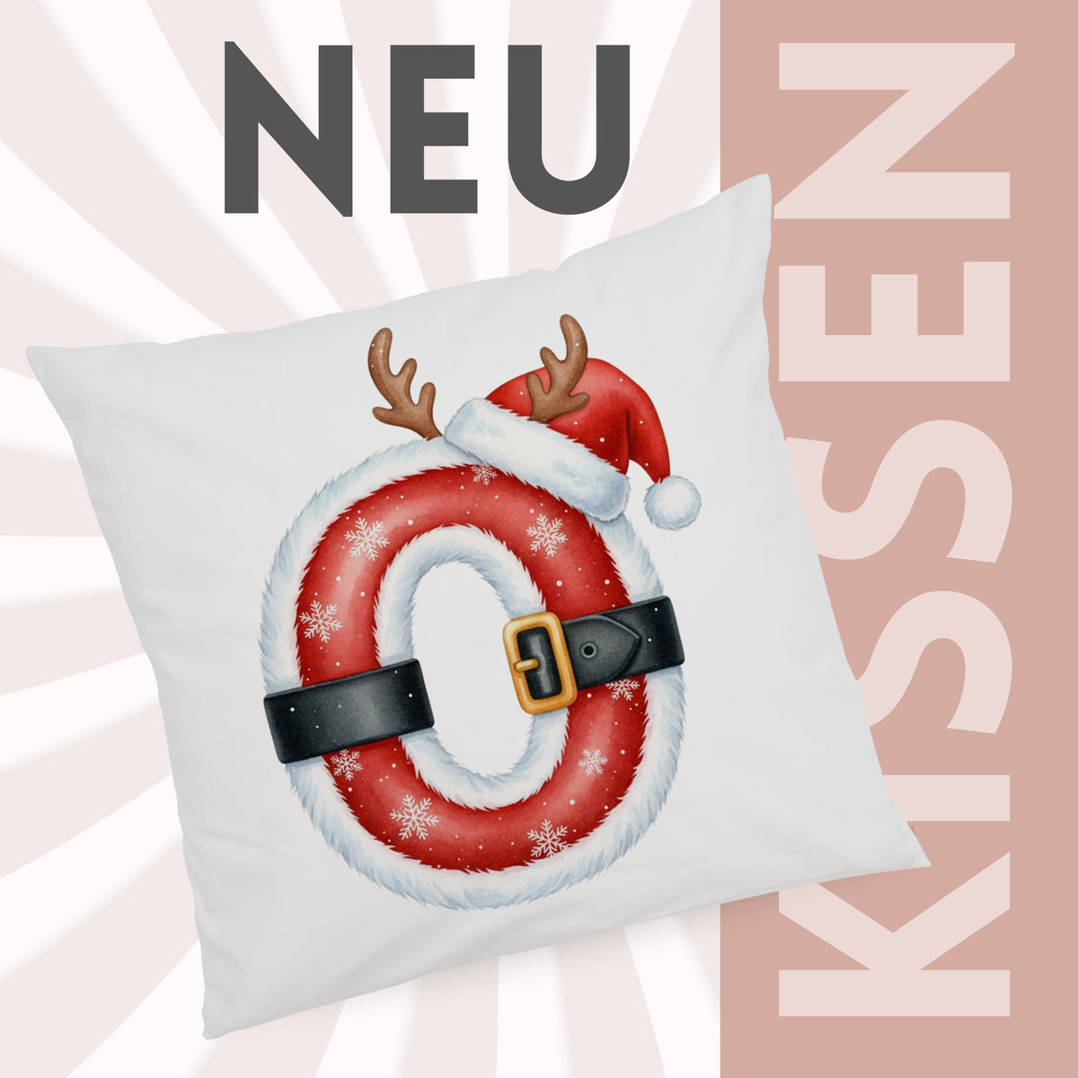 Kissen mit rotem Weihnachtsdesign und Rentiergeweih.