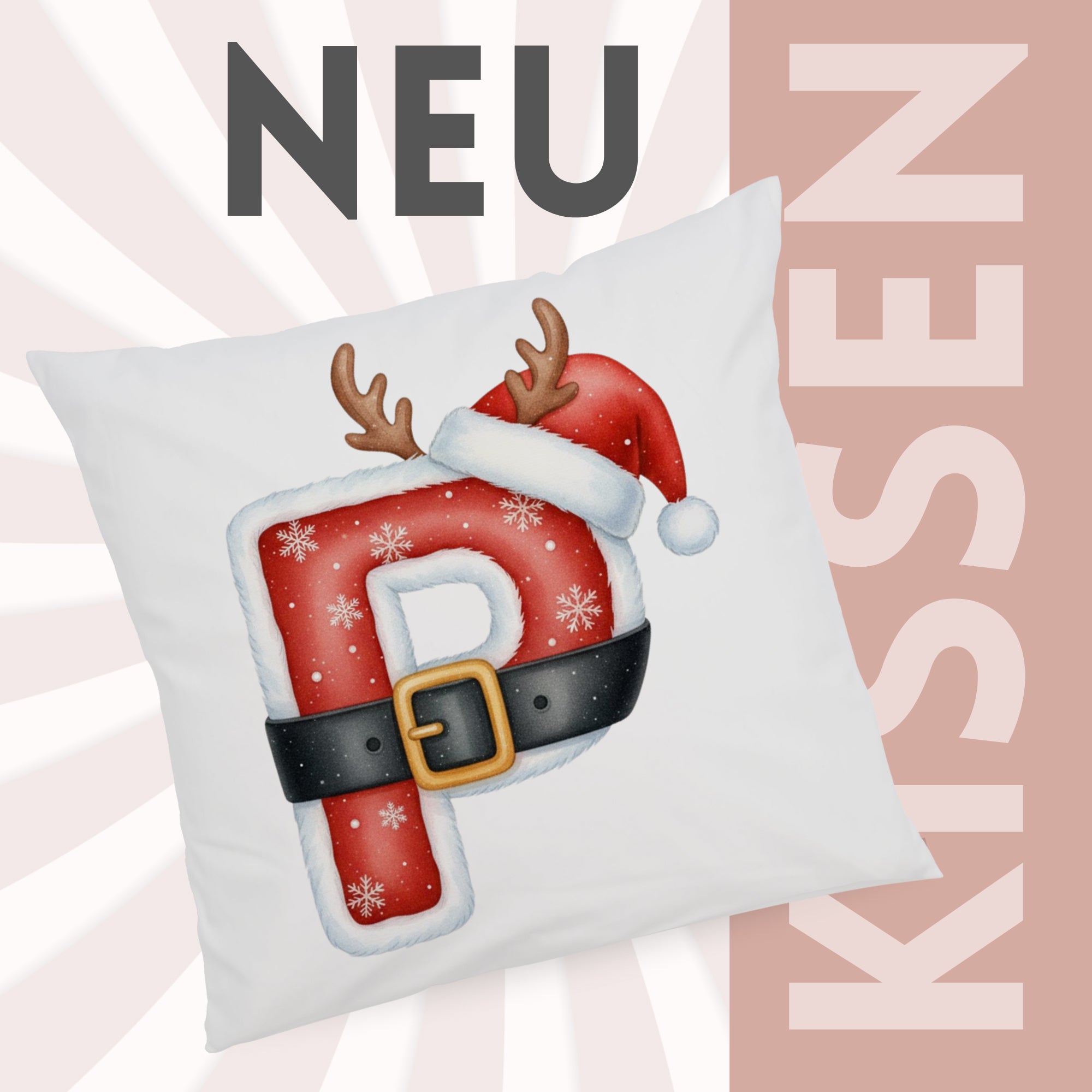 Kissen mit rotem "P", Weihnachtsmütze und Geweih.