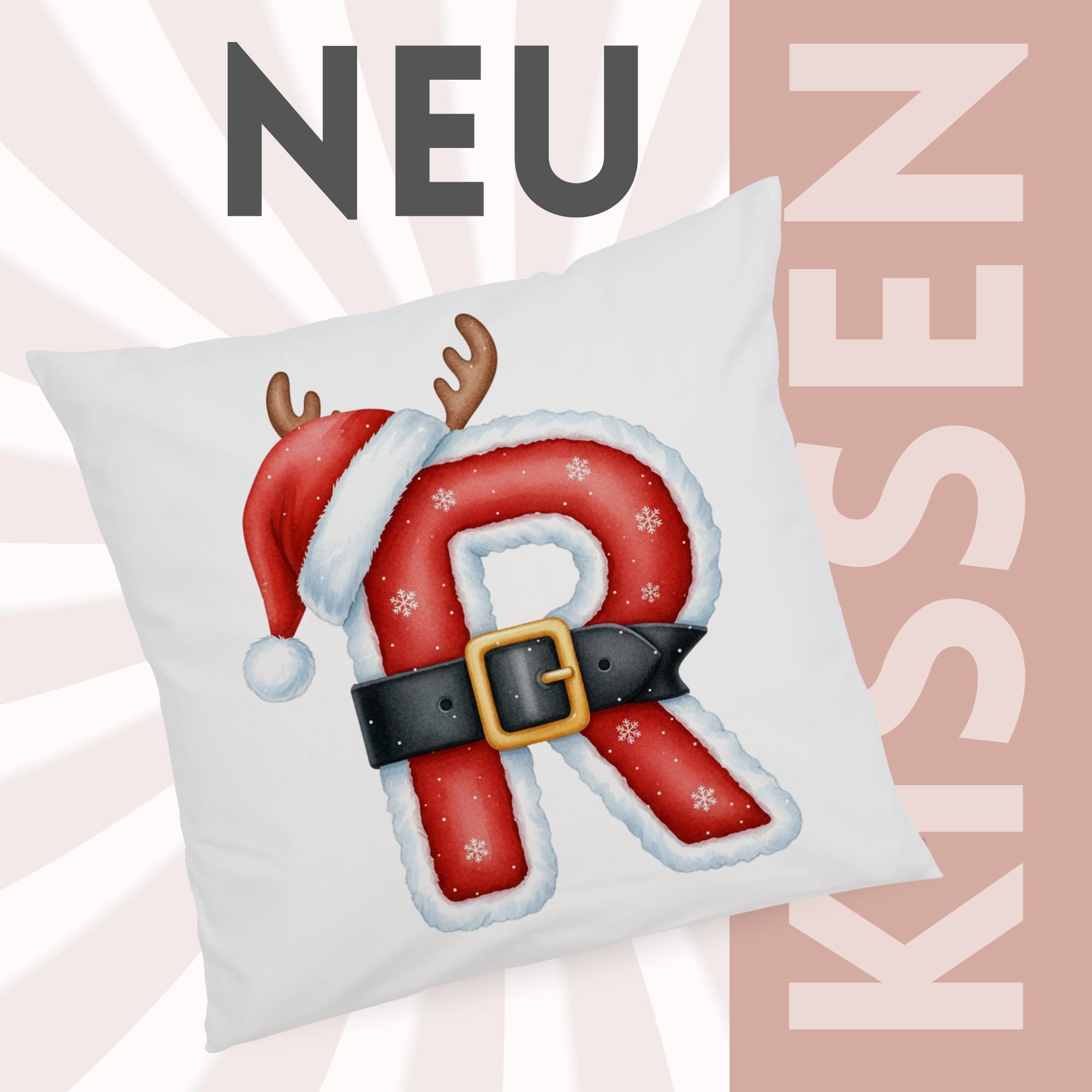 Rotes Kissen mit Weihnachtsmann-Motiv und Rentiergeweih.