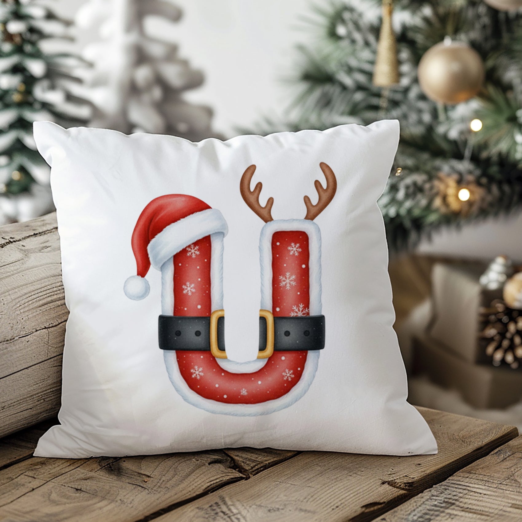 Weihnachtliches Kissen mit rotem U, Weihnachtsmütze und Geweih.