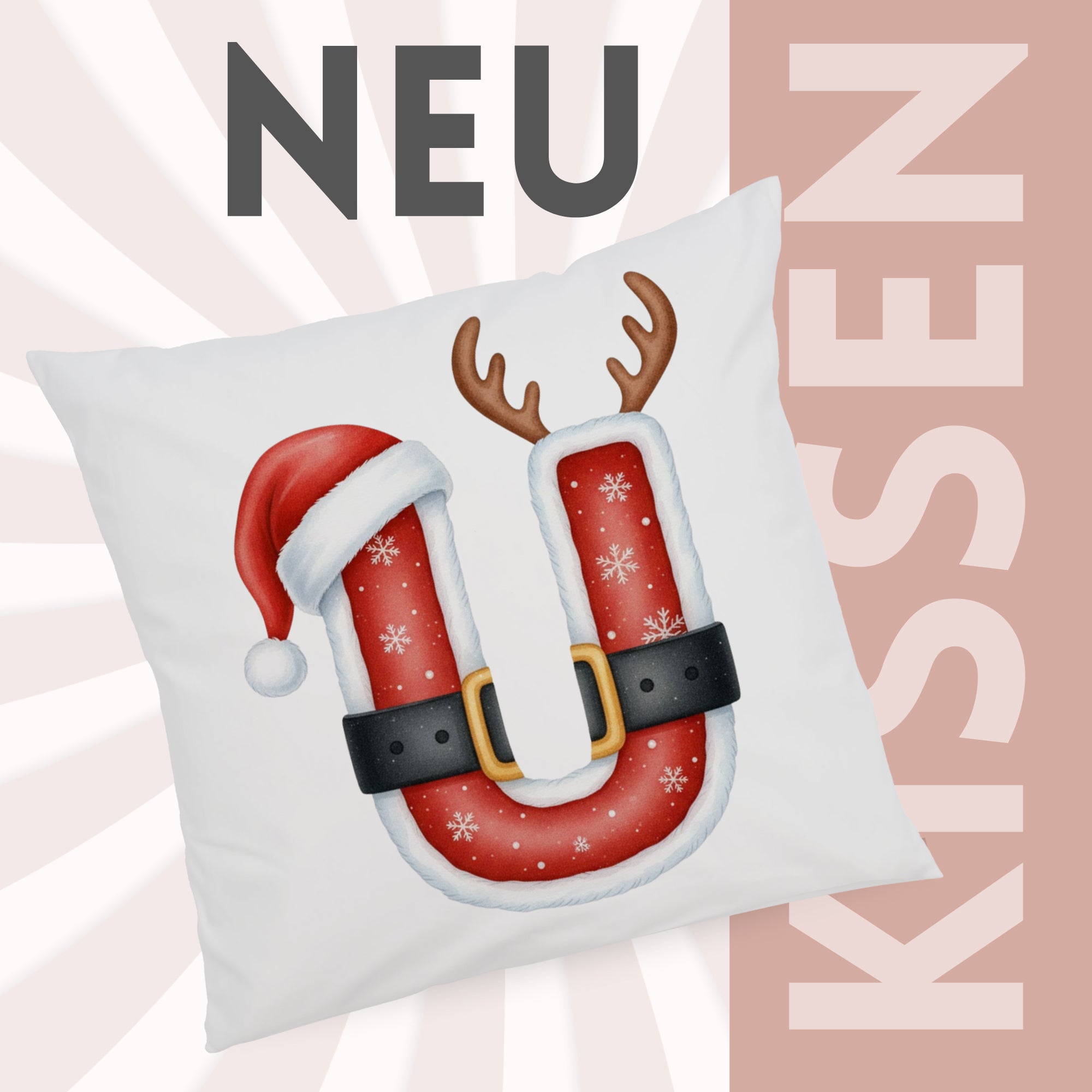 Kissen mit rotem Weihnachtsmotiv und Rentiergeweih.