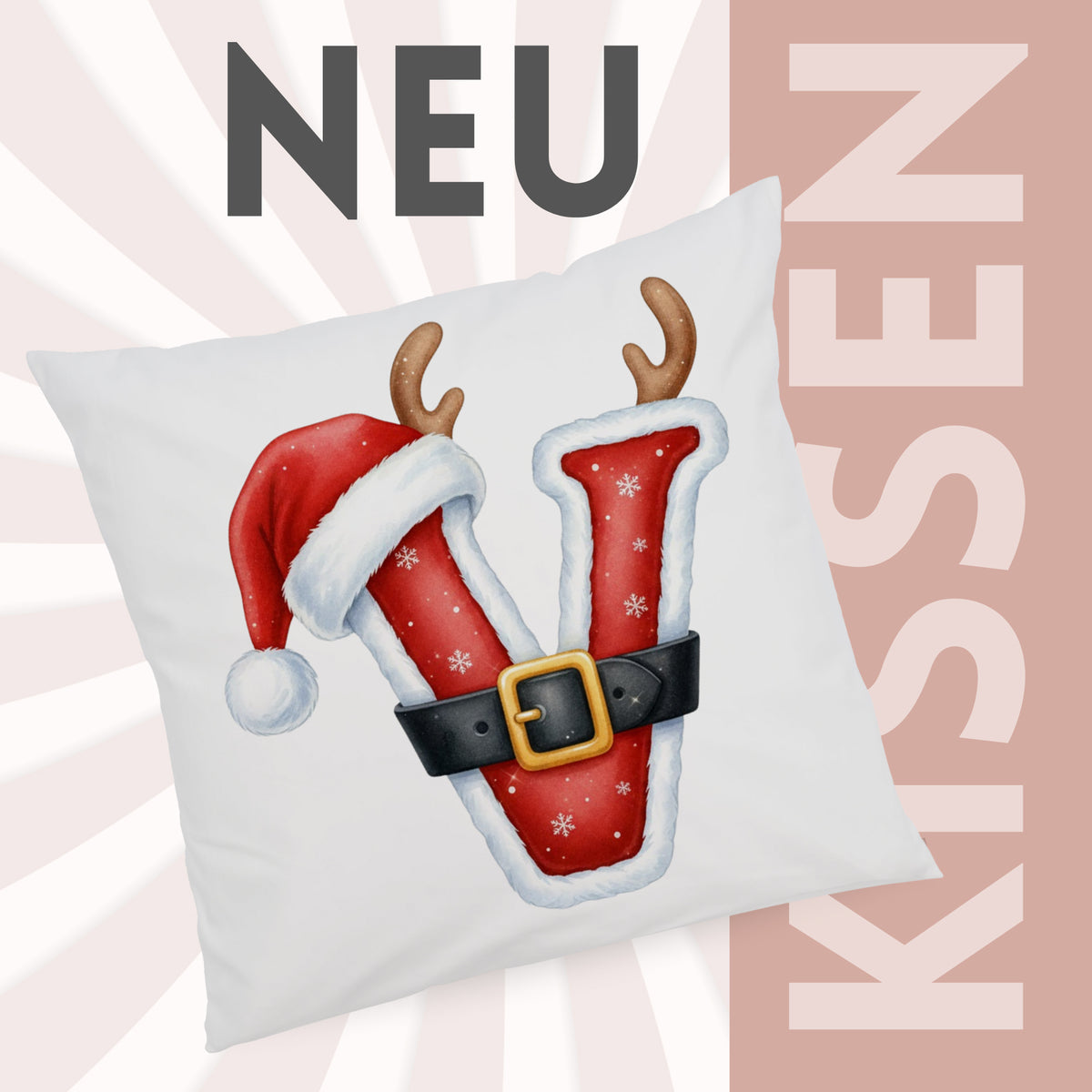Weißes Kissen mit rotem Weihnachtsmann-Motiv und Buchstaben V.