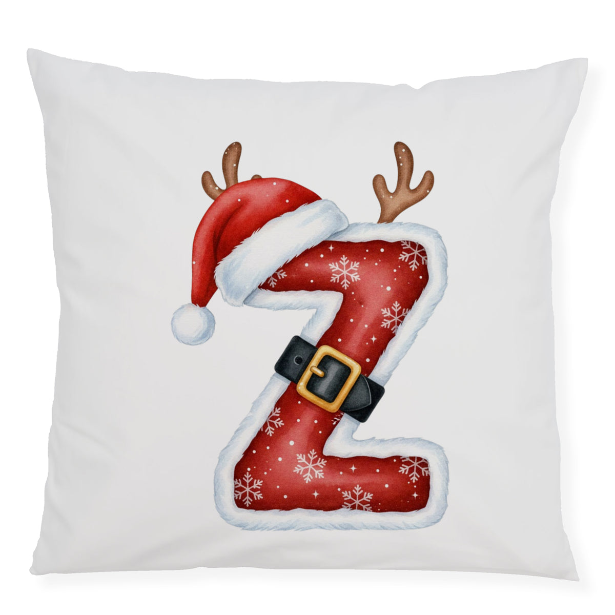 Kissen mit rotem Weihnachtsbuchstaben Z und Weihnachtsmütze.