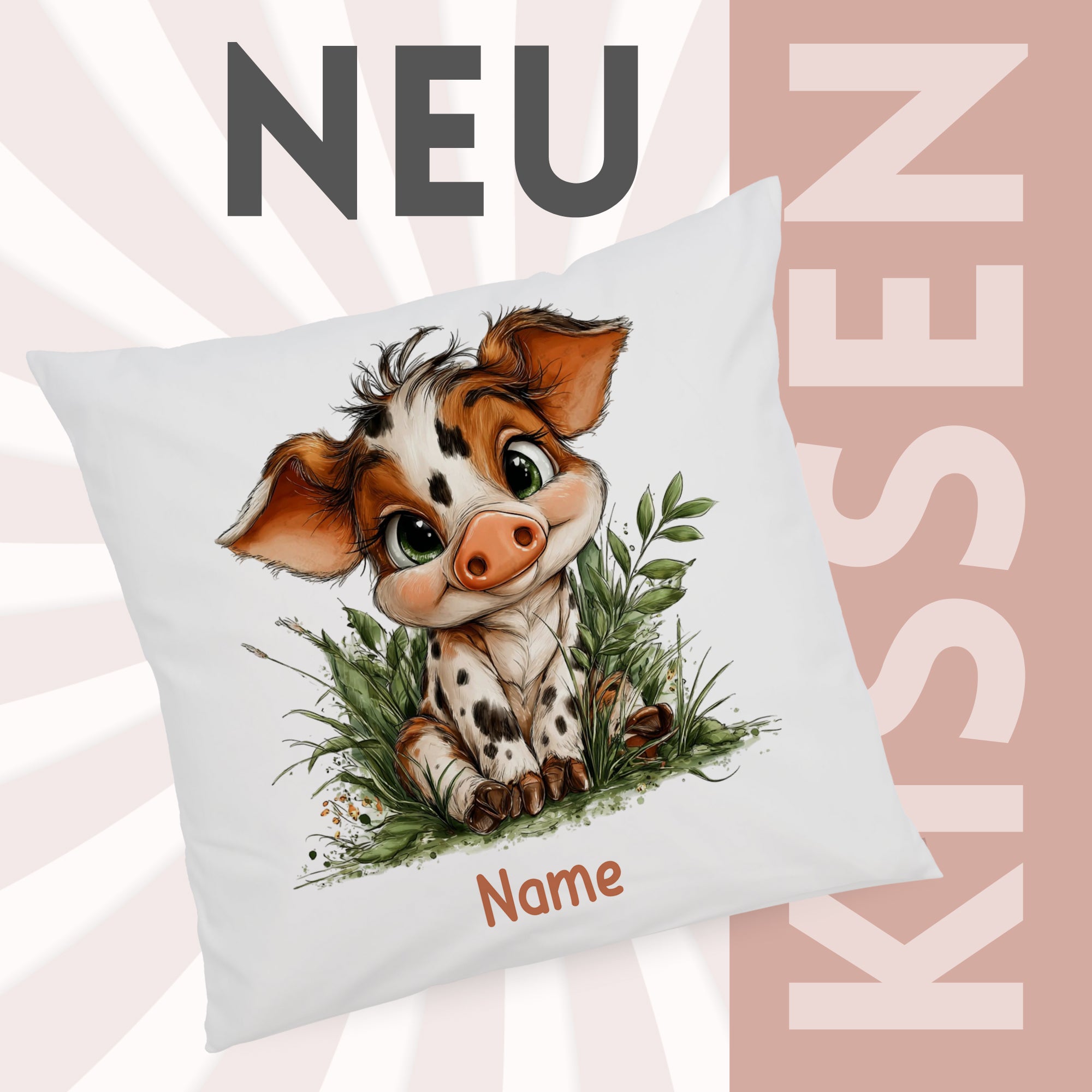 Kissenbezug mit Schweinchenmotiv und Wunschname vor grafischem Neu-Hintergrund