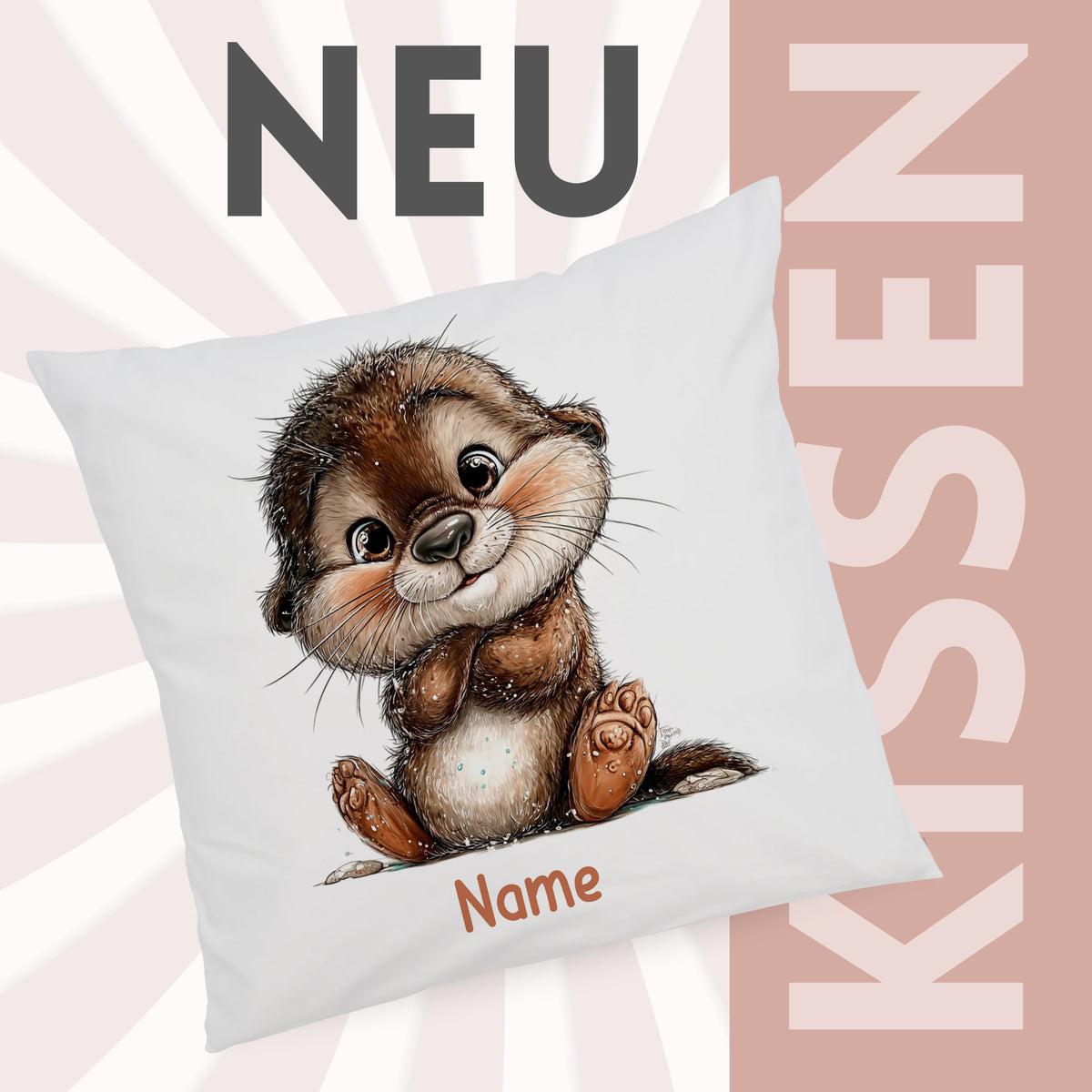Kissenbezug mit Ottermotiv und Wunschname vor grafischem Neu-Hintergrund