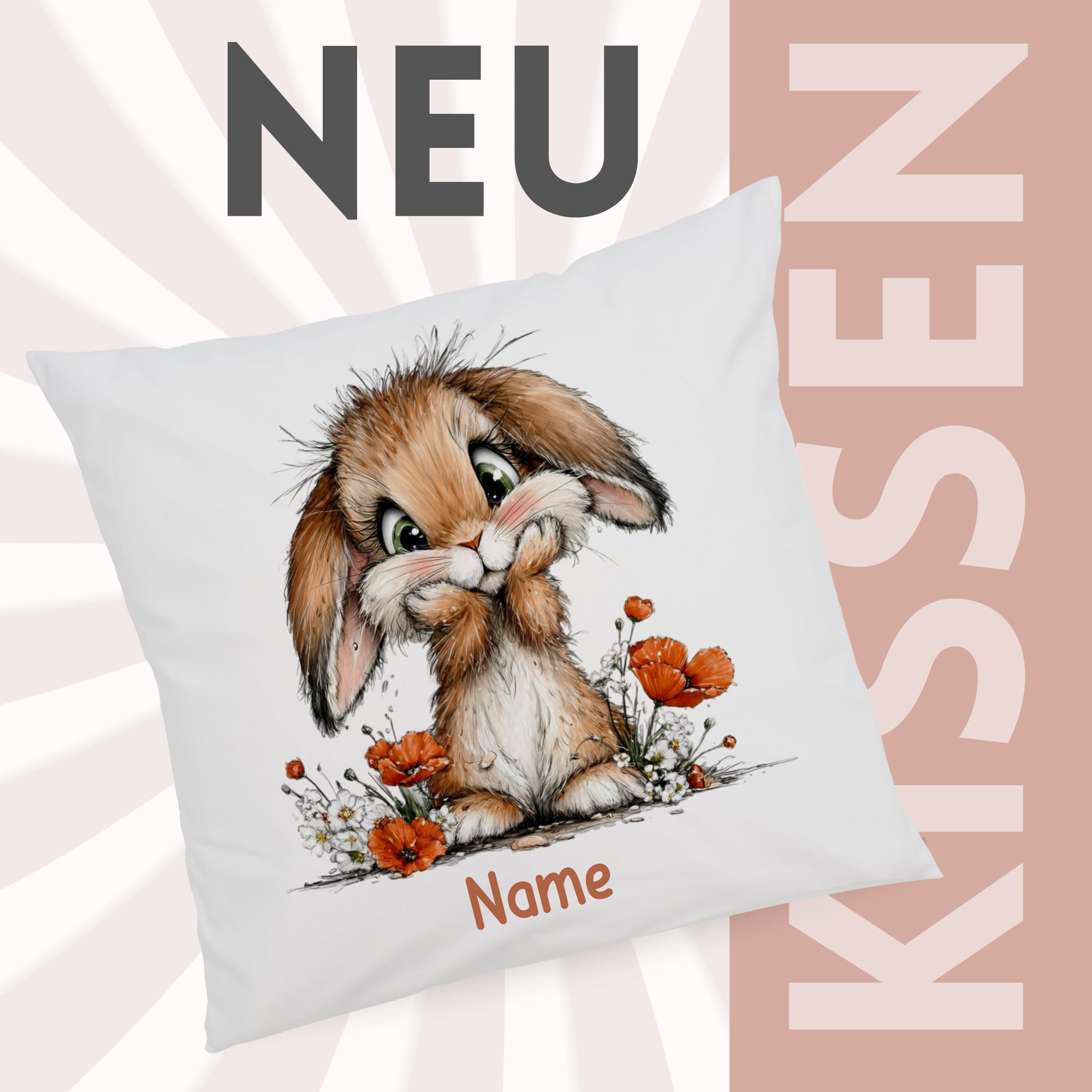 Kissenbezug mit Hasenmotiv und Wunschname vor grafischem Neu-Hintergrund