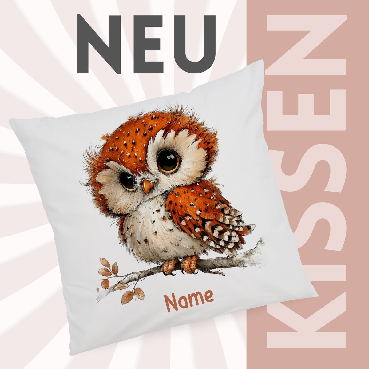 Kissenbezug mit Eulenmotiv und Wunschname vor grafischem Neu-Hintergrund
