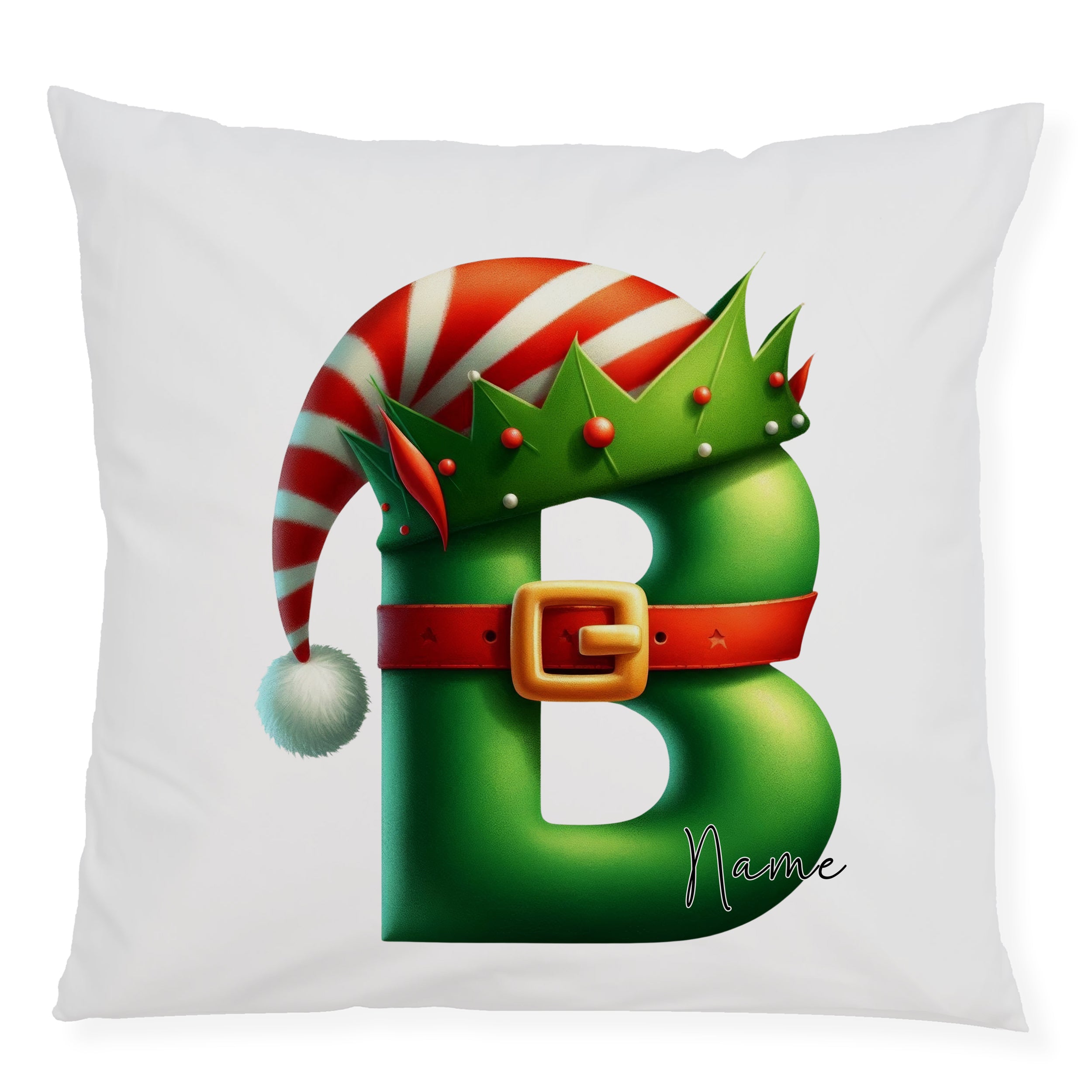 Weihnachtliches Kissen mit grünem Buchstaben B und Hut.