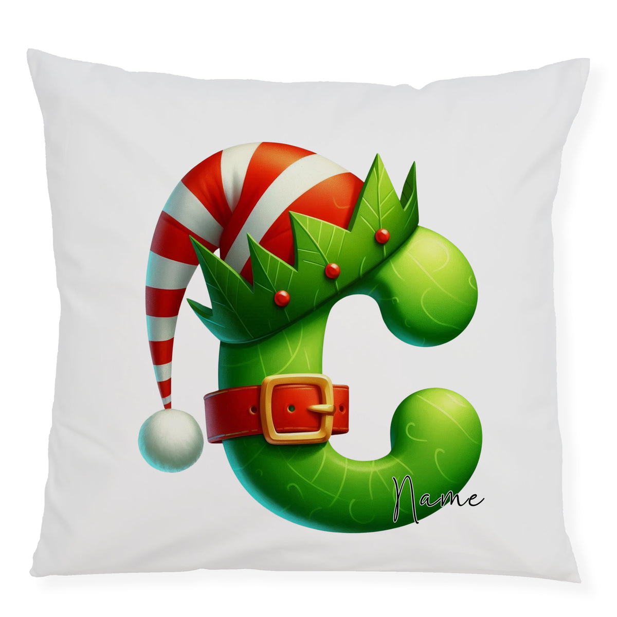 Grüne Kissen mit Weihnachtsmotiv und personalisierbarem Namen.