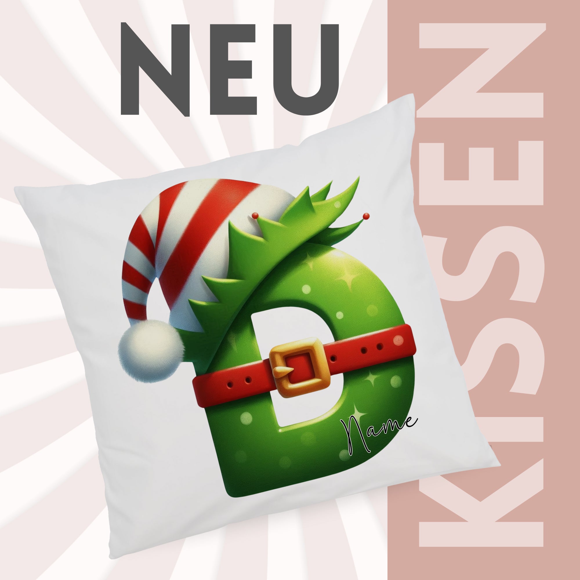 Weihnachtliches Kissen mit grünem Buchstaben D und Hut.