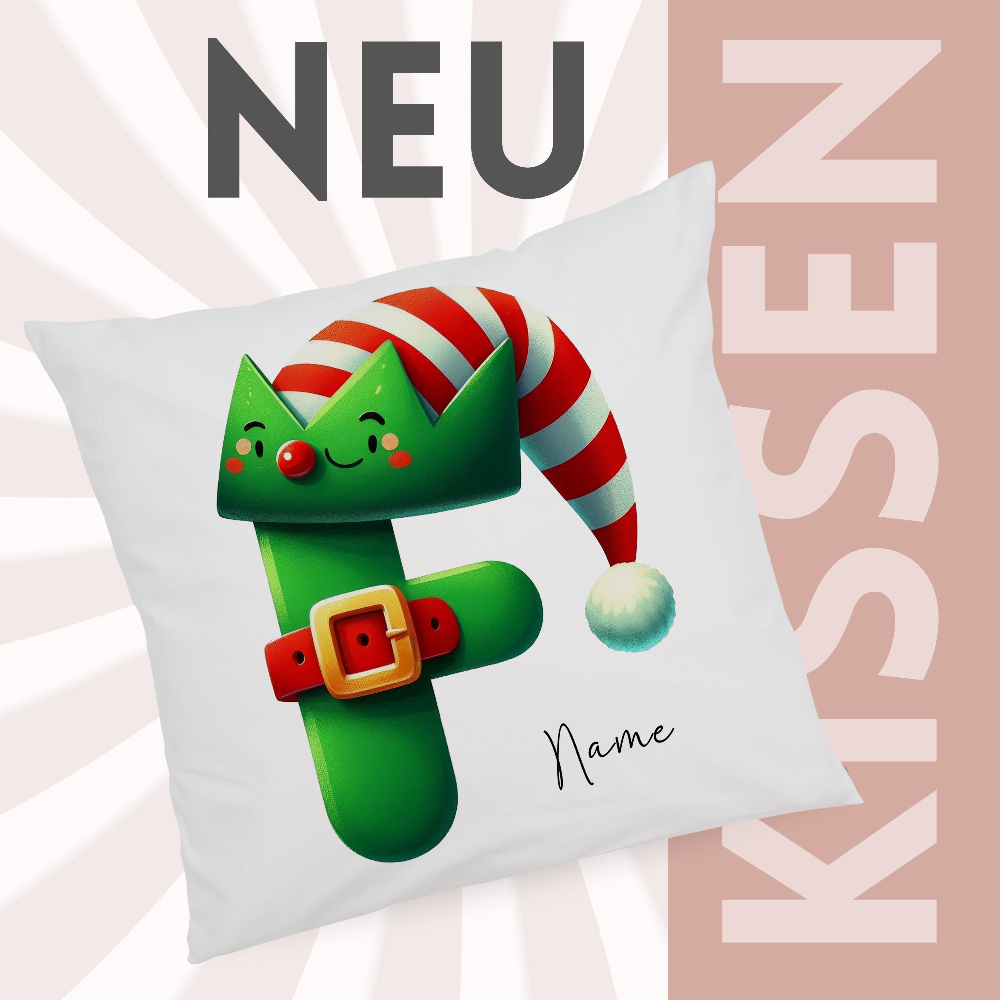 Grünes Kissen mit Weihnachtsmotiv und personalisierbarem Namen.