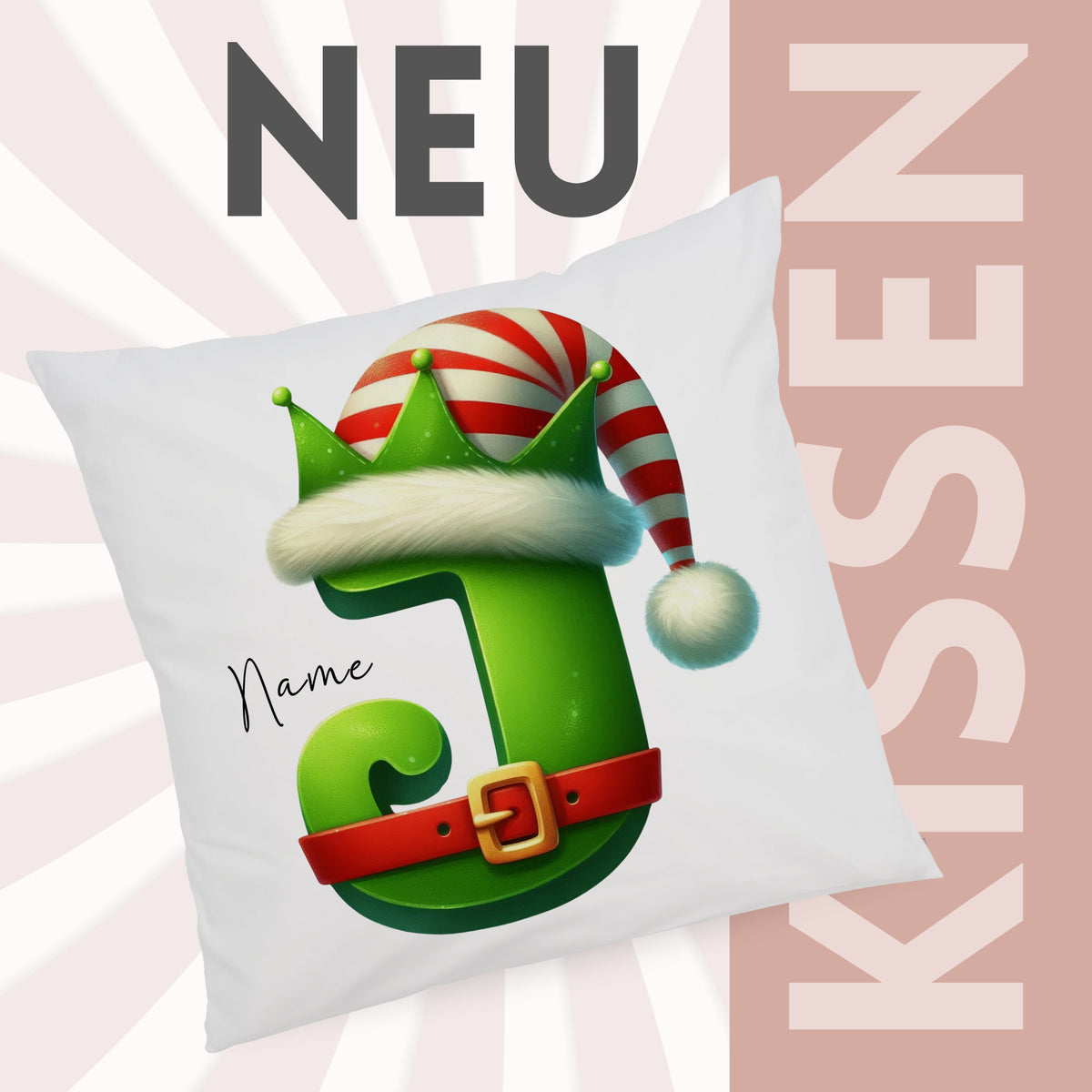 Kissen mit grünem Elf-Motiv und Weihnachtsmütze.
