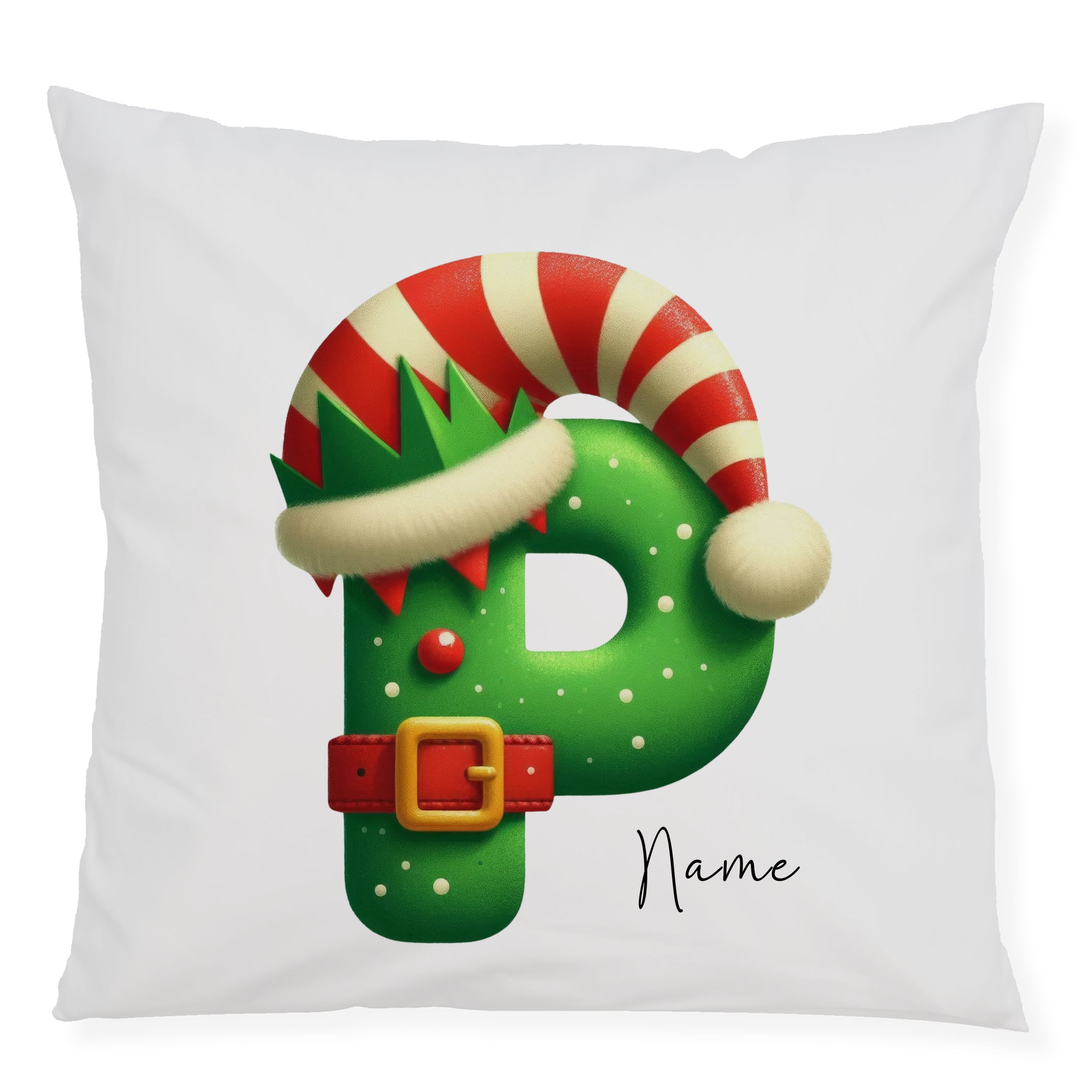 Grünes Kissen mit Weihnachtsbuchstabe P und Hut.