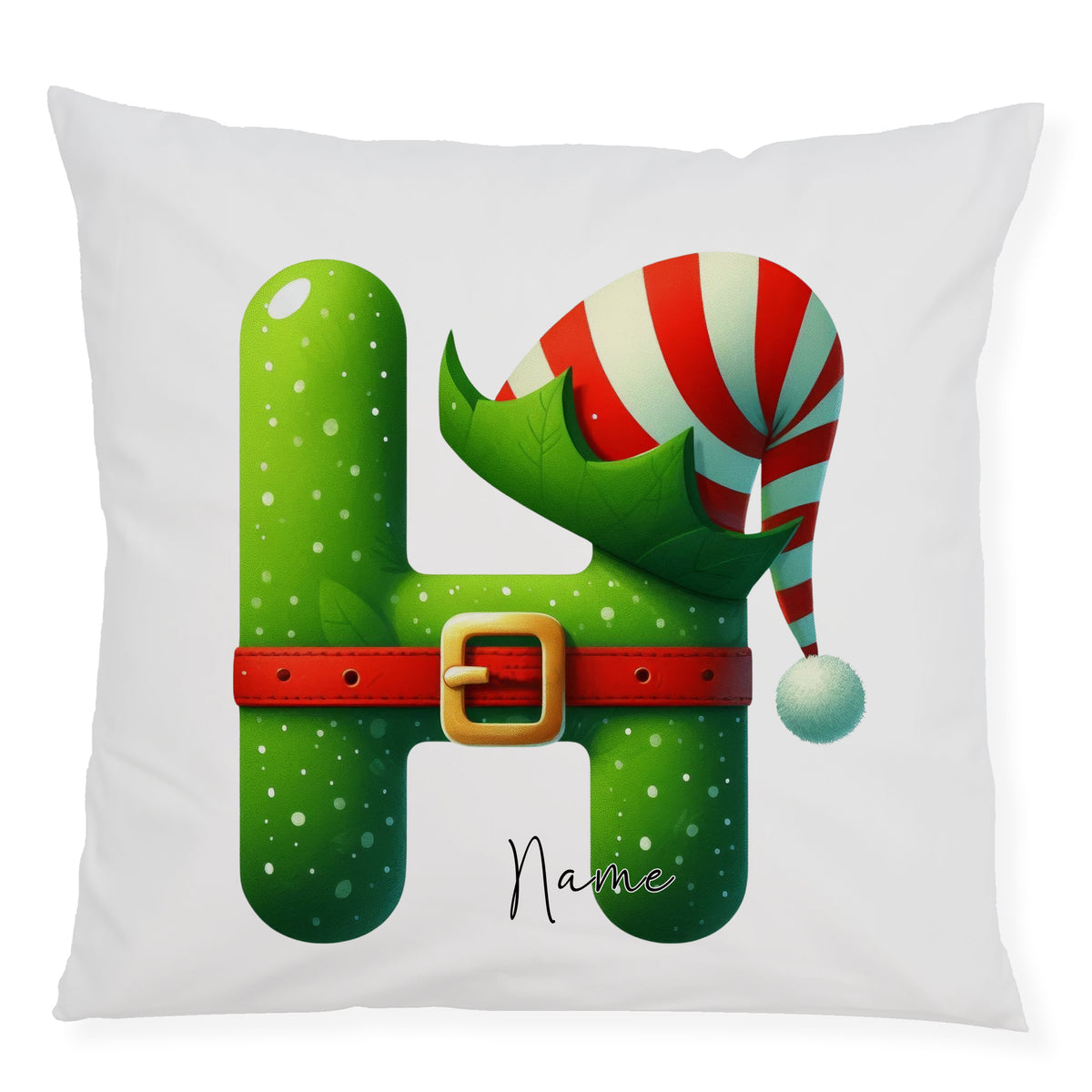 Grüne Kissen mit Weihnachtsmütze und personalisierbarem Namen.