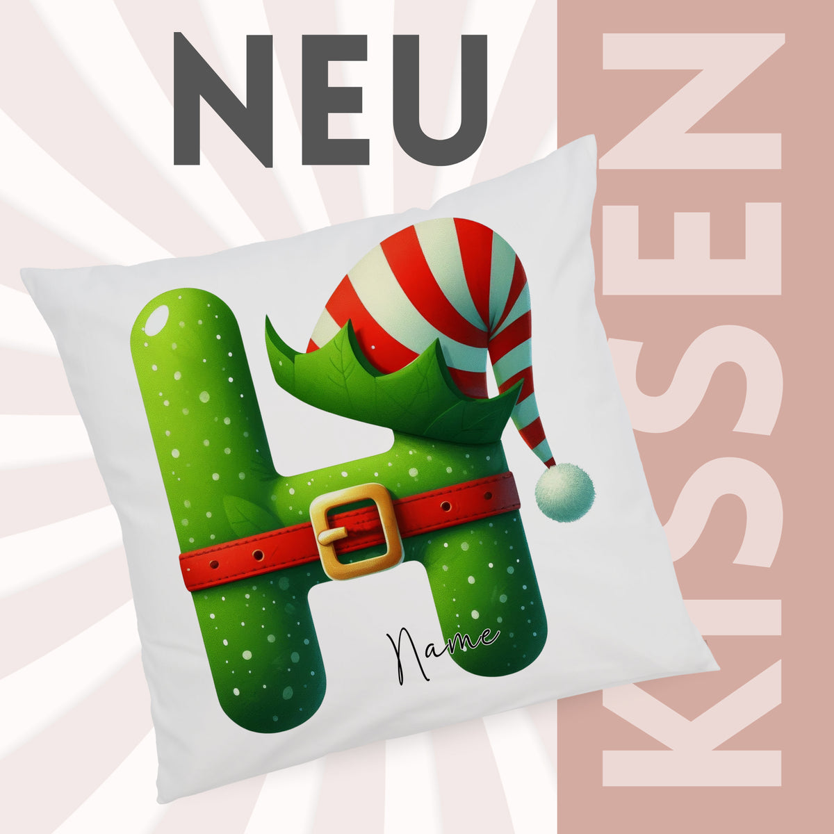 Kissen mit grünem Buchstaben H und Weihnachtsmütze.