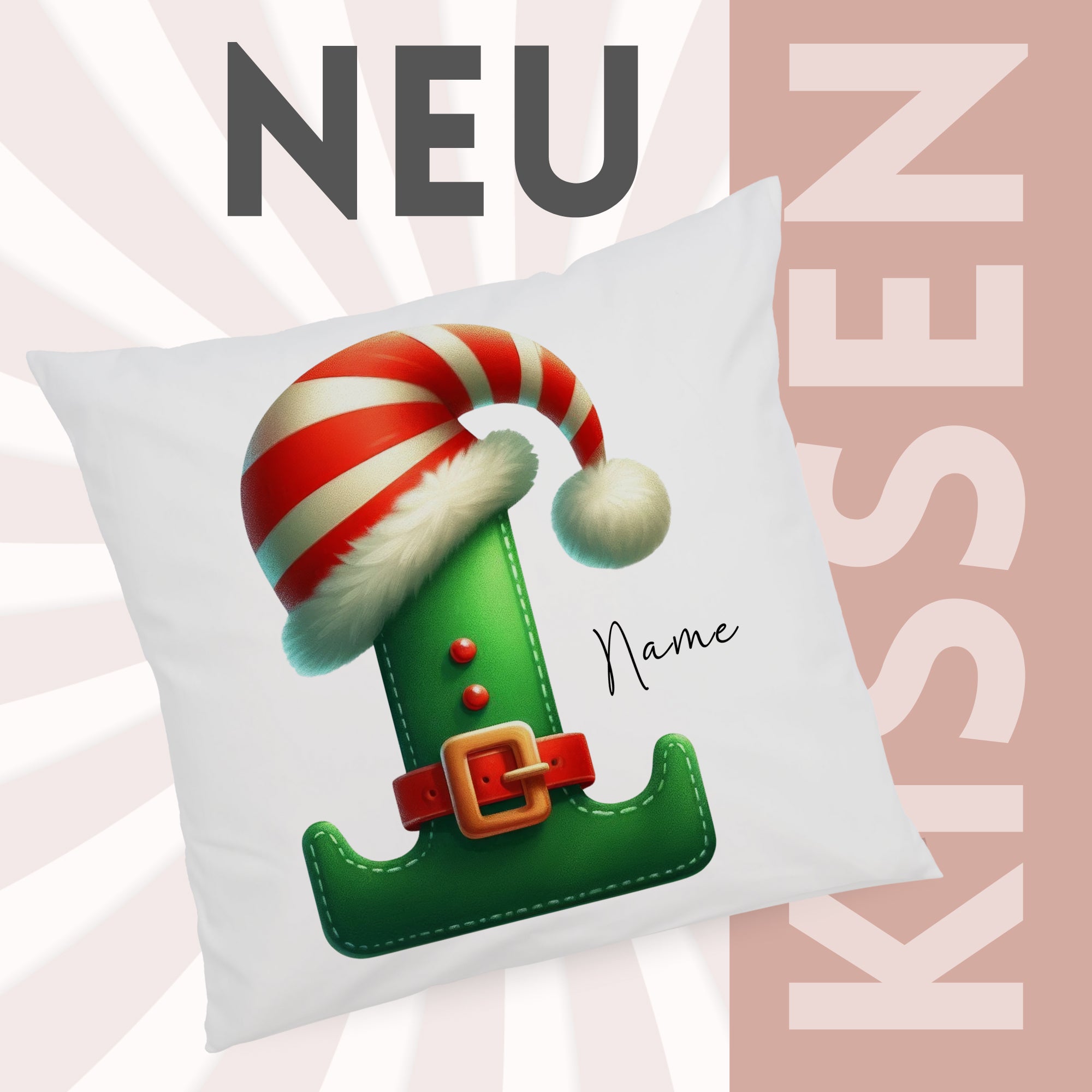 Grünes Kissen mit Weihnachtsmann-Hut und individueller Namensoption.