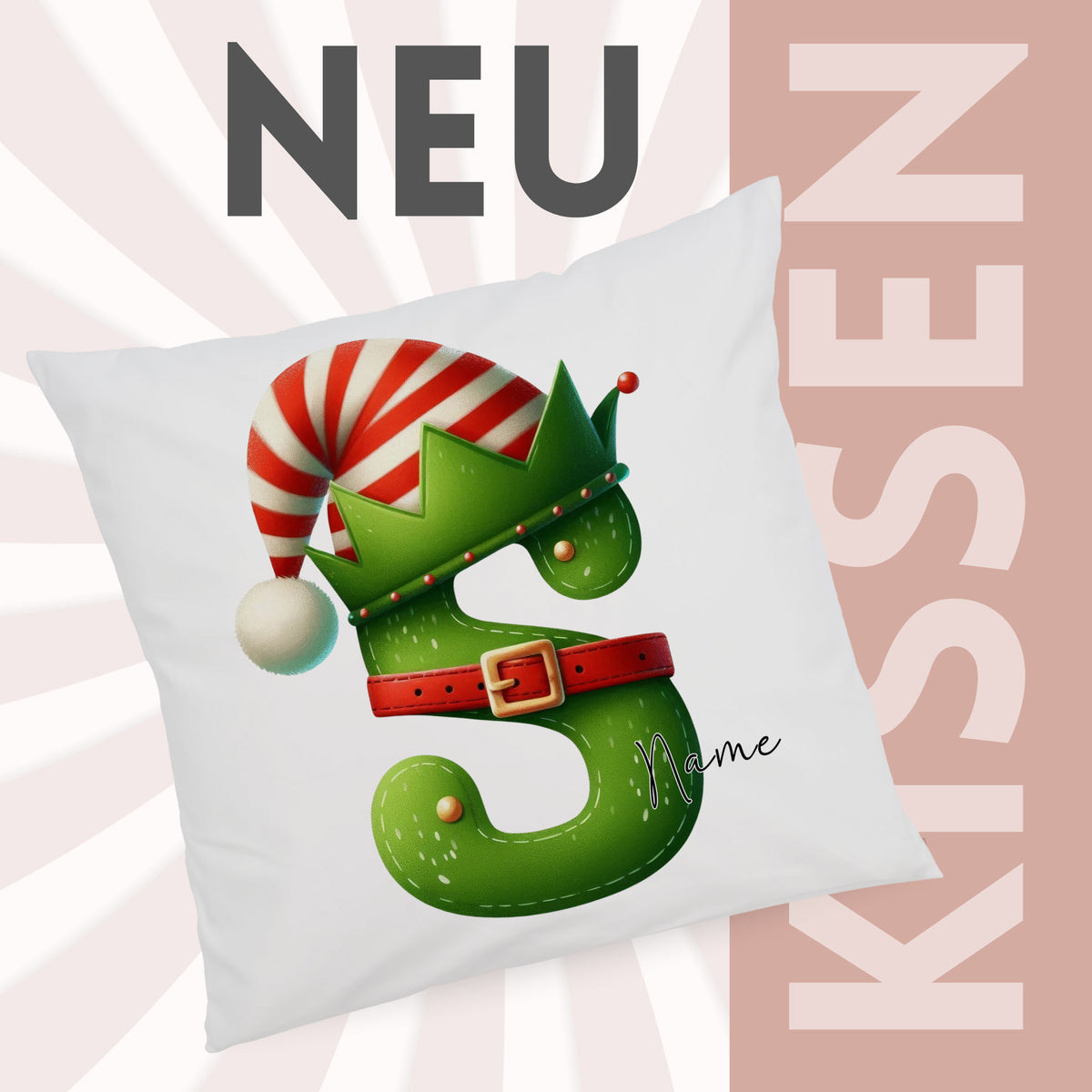 Grünes Kissen mit Weihnachtsmotiv und personalisierbarem Namen.