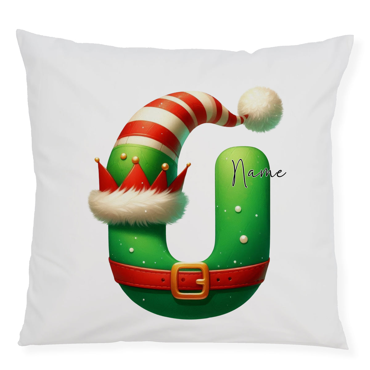Grünes Kissen mit Weihnachtsmann-Hut und personalisiertem Namen.