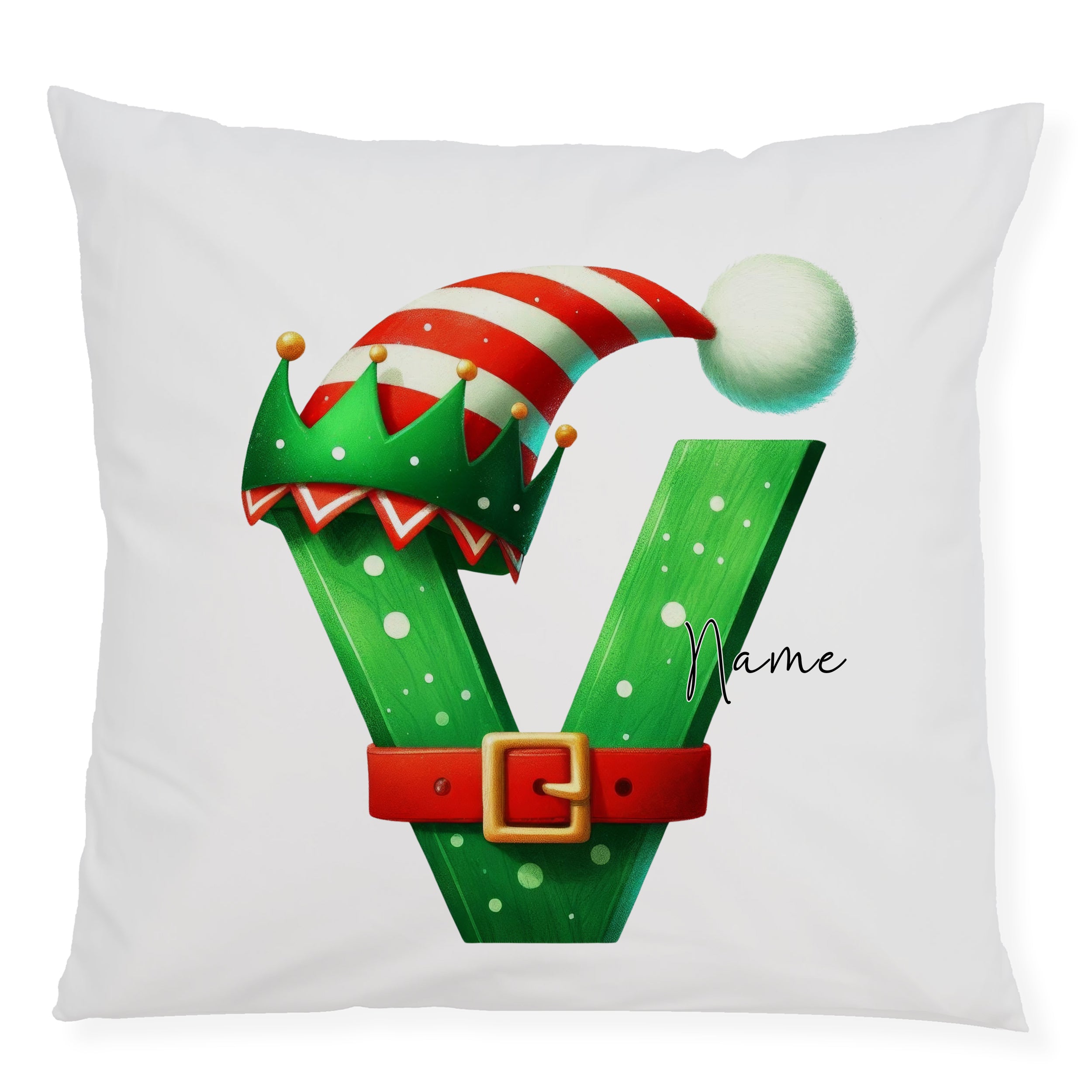 Kissen mit grünem "V", Weihnachtsmütze und rotem Gürtel.