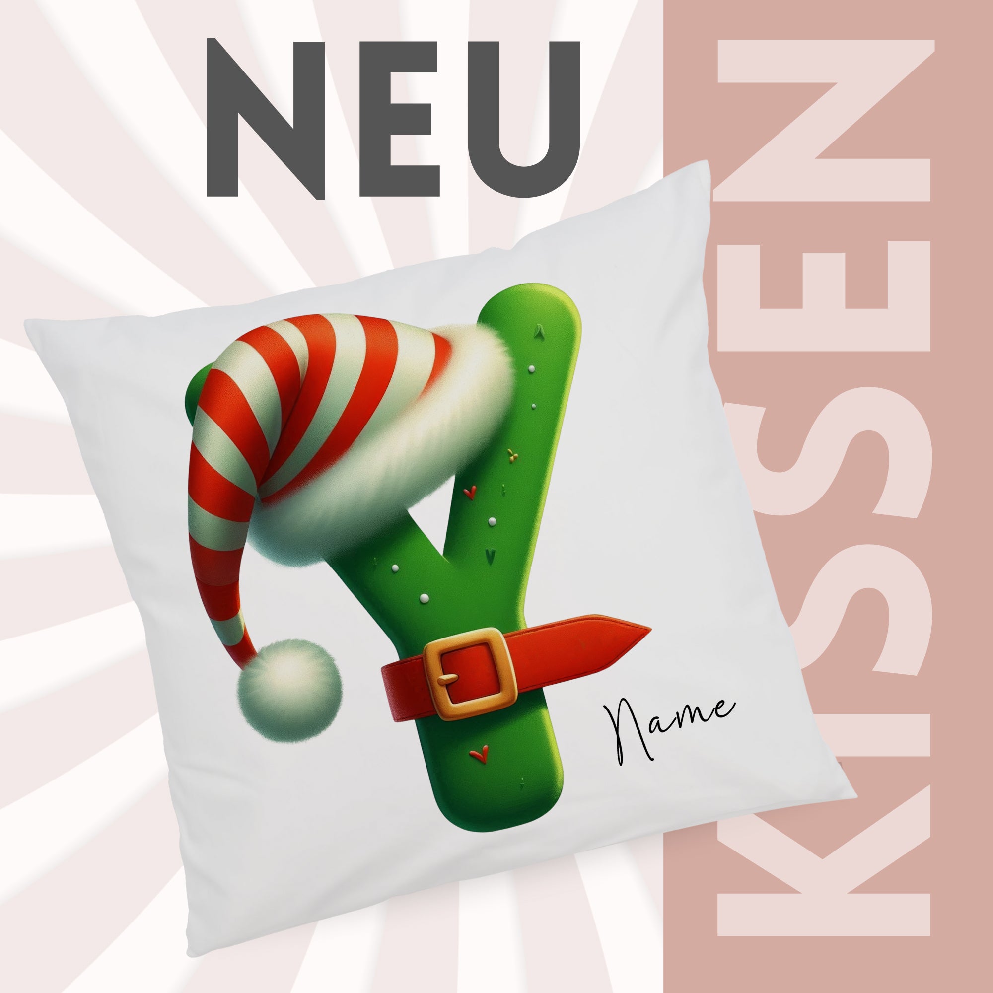 Grünes Kissen mit Weihnachtsmütze und personalisierbarem Namen.
