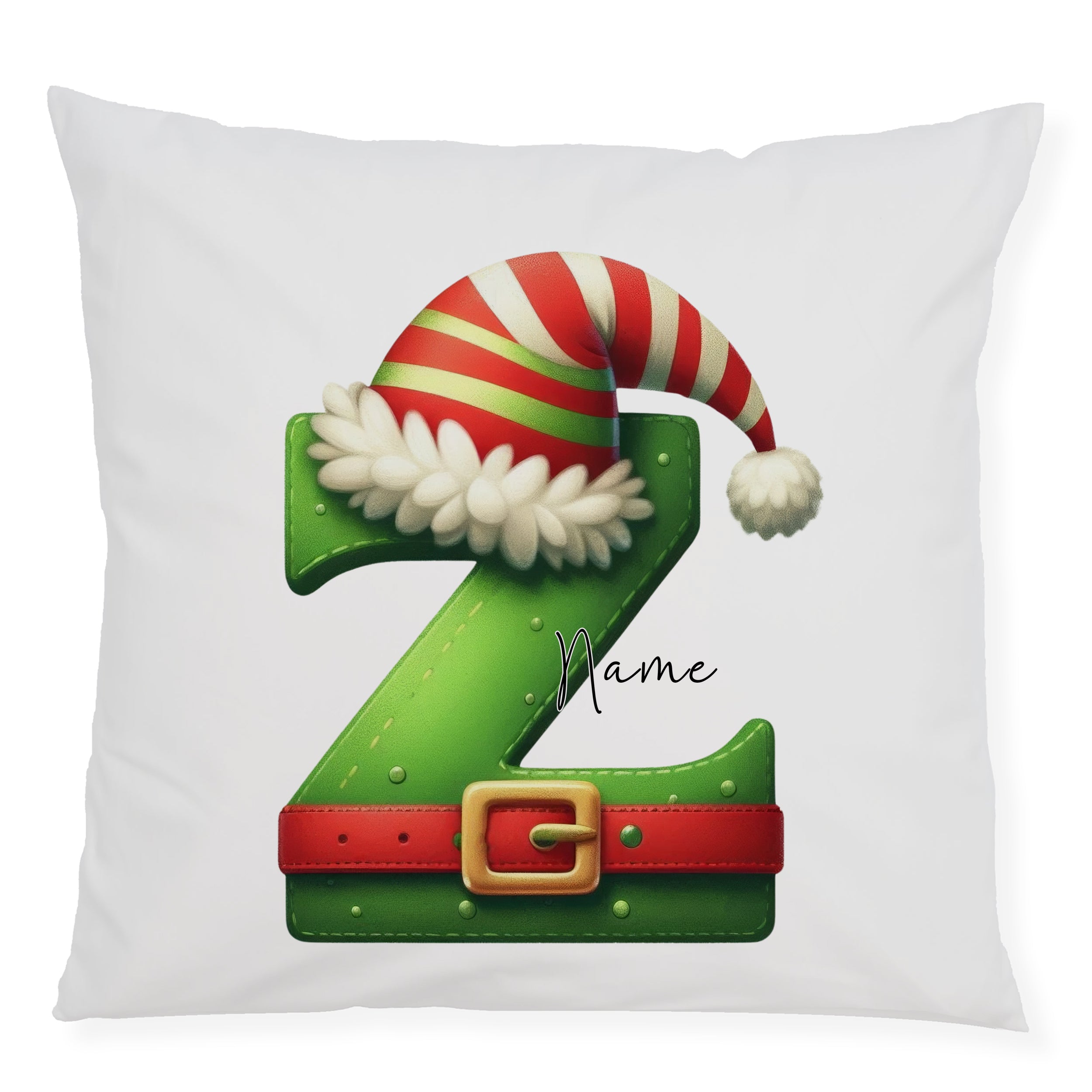 Grünes Kissen mit Weihnachtsmütze und personalisierbarem Namen.