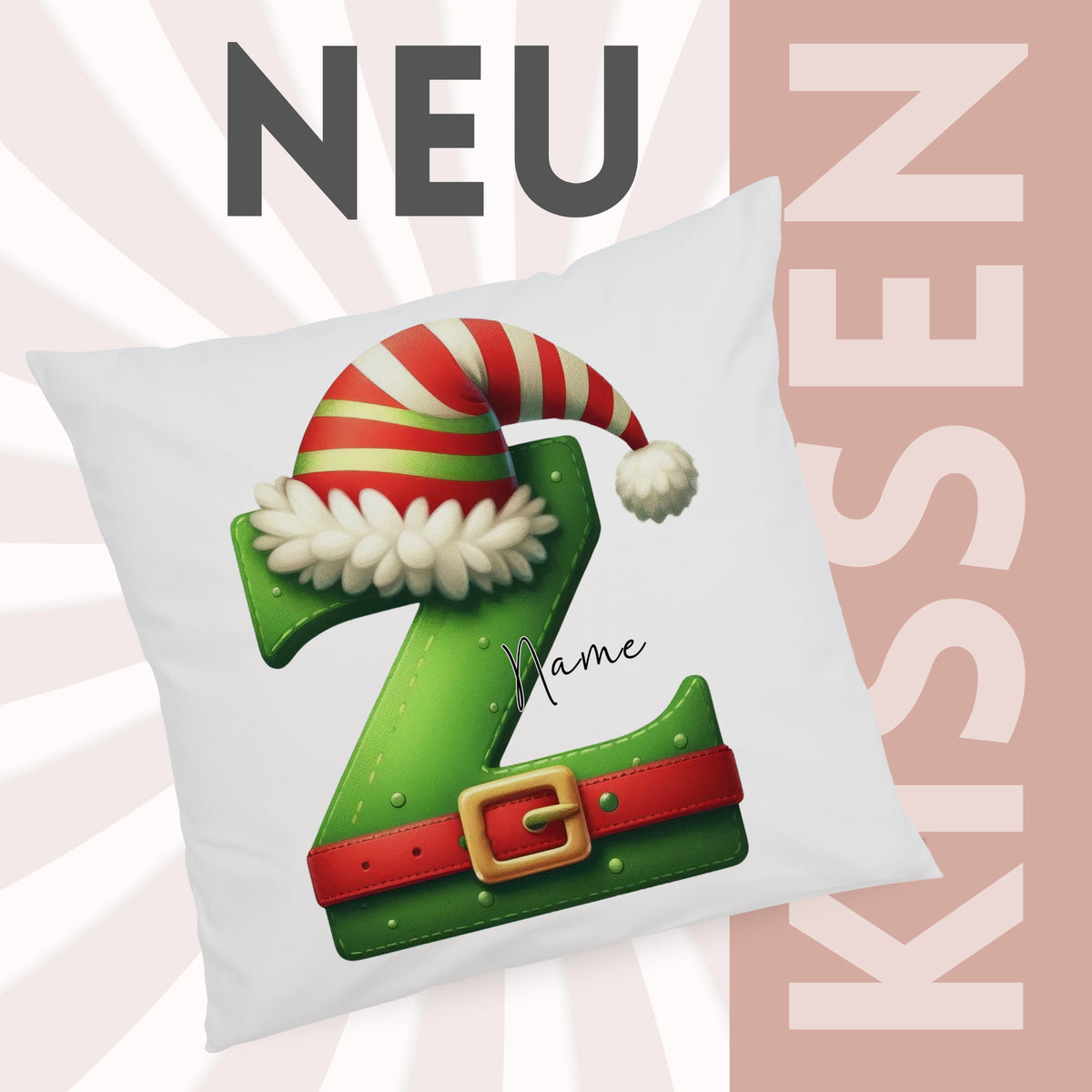 Kissen mit grünem Weihnachtsmotiv und personalisierbarem Namen.