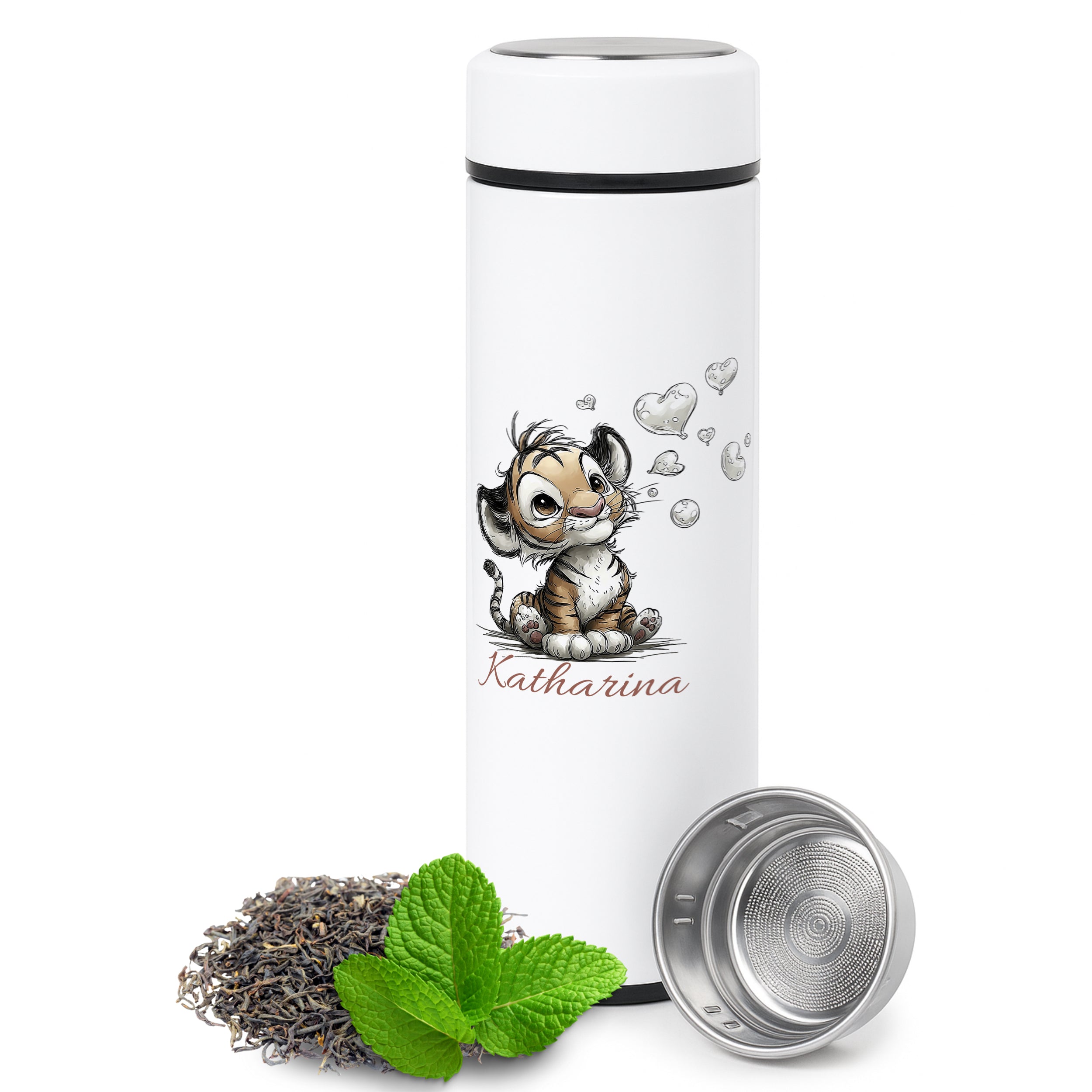Weißer Teebecher mit Tiermotiv, personalisiert mit "Katharina".