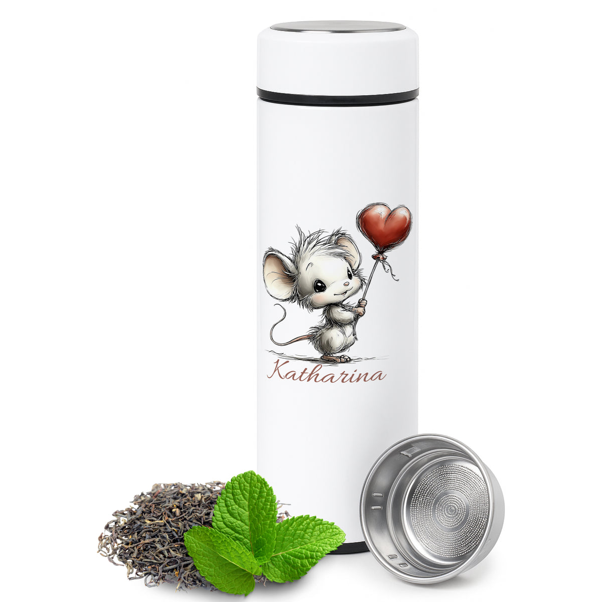 Weißer Thermobecher mit Maus-Illustration und Teesieb.
