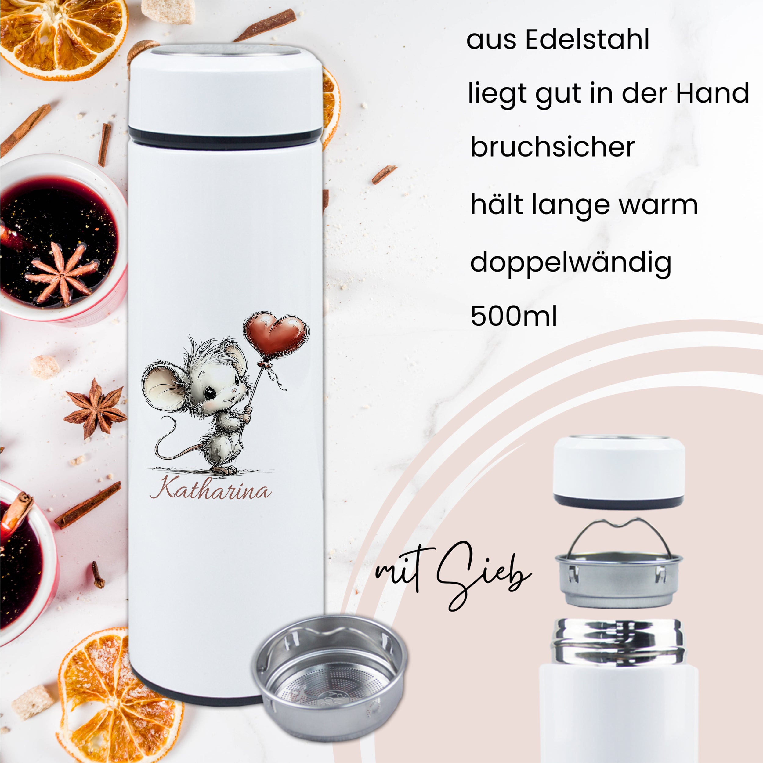 Edelstahl-Thermosflasche, weiß, 500ml, mit Sieb und Mausmotiv.