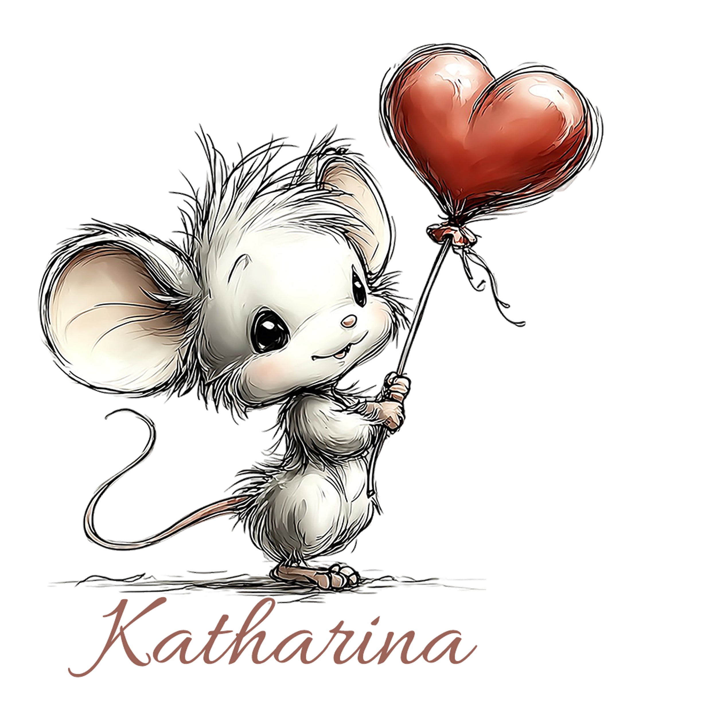 Niedliche Maus mit rotem Herzluftballon, Name: Katharina.