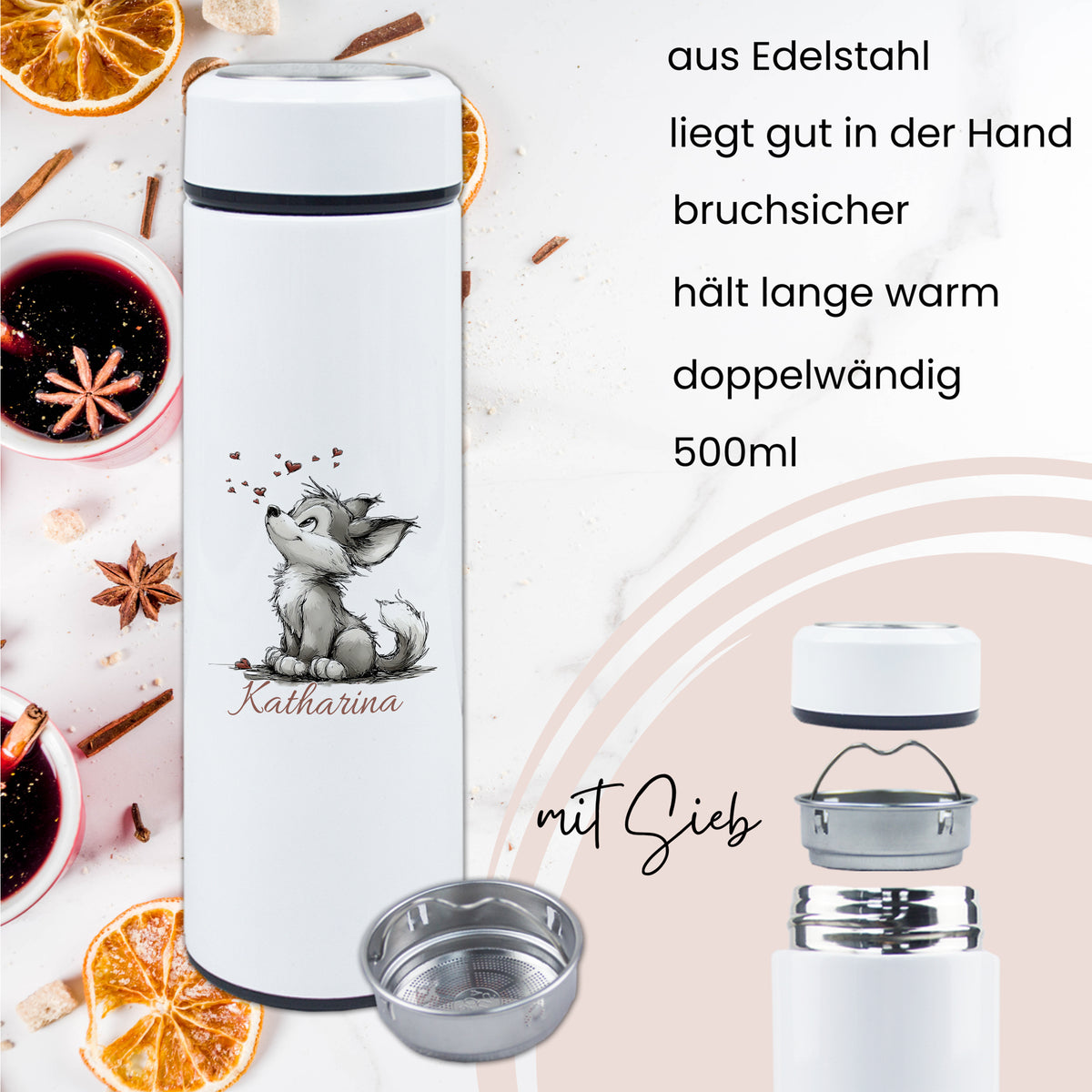 Edelstahl-Thermosflasche mit Fuchs-Motiv, 500ml, bruchsicher.