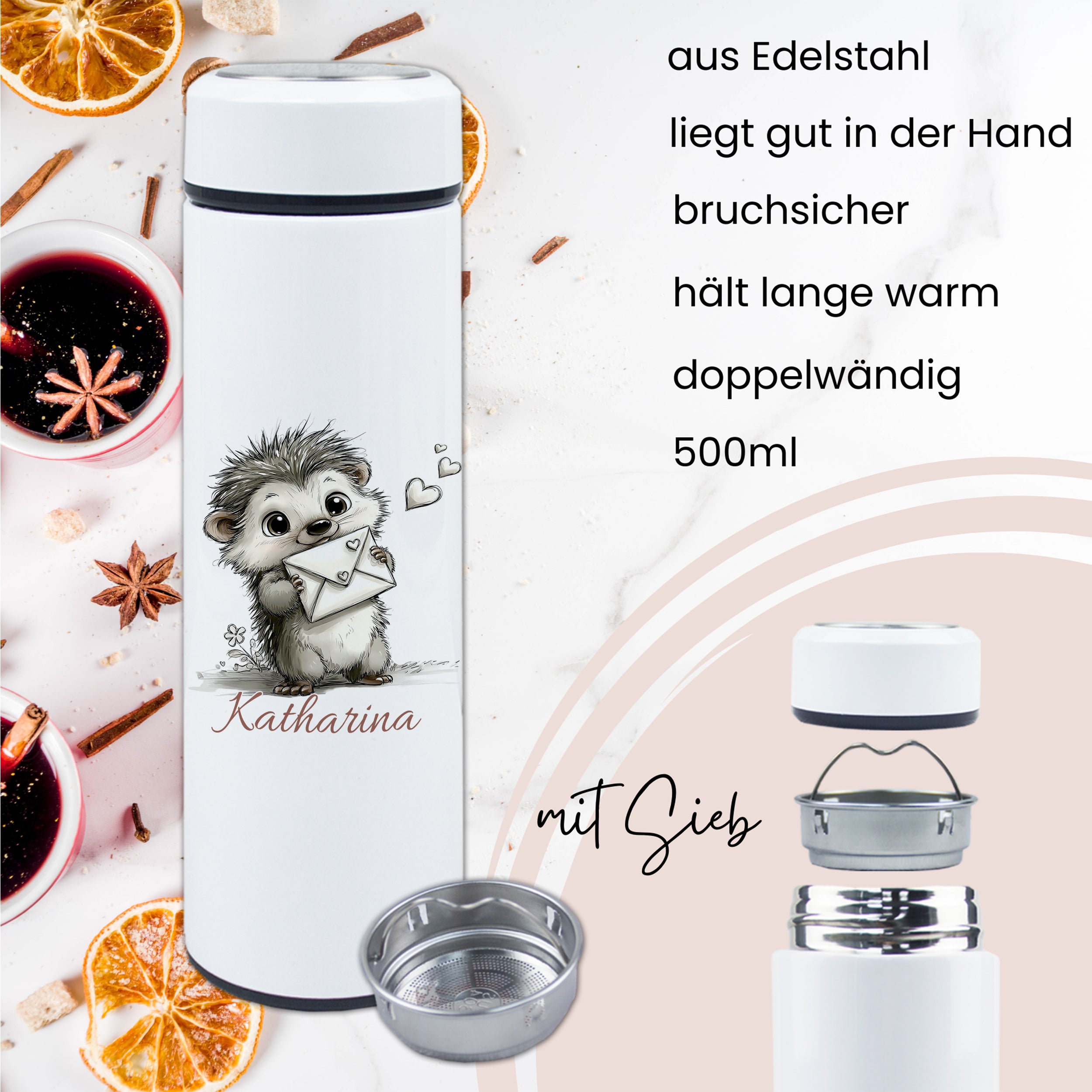 Edelstahl-Thermosflasche mit Tiermotiv, 500ml, bruchsicher, doppelwandig.