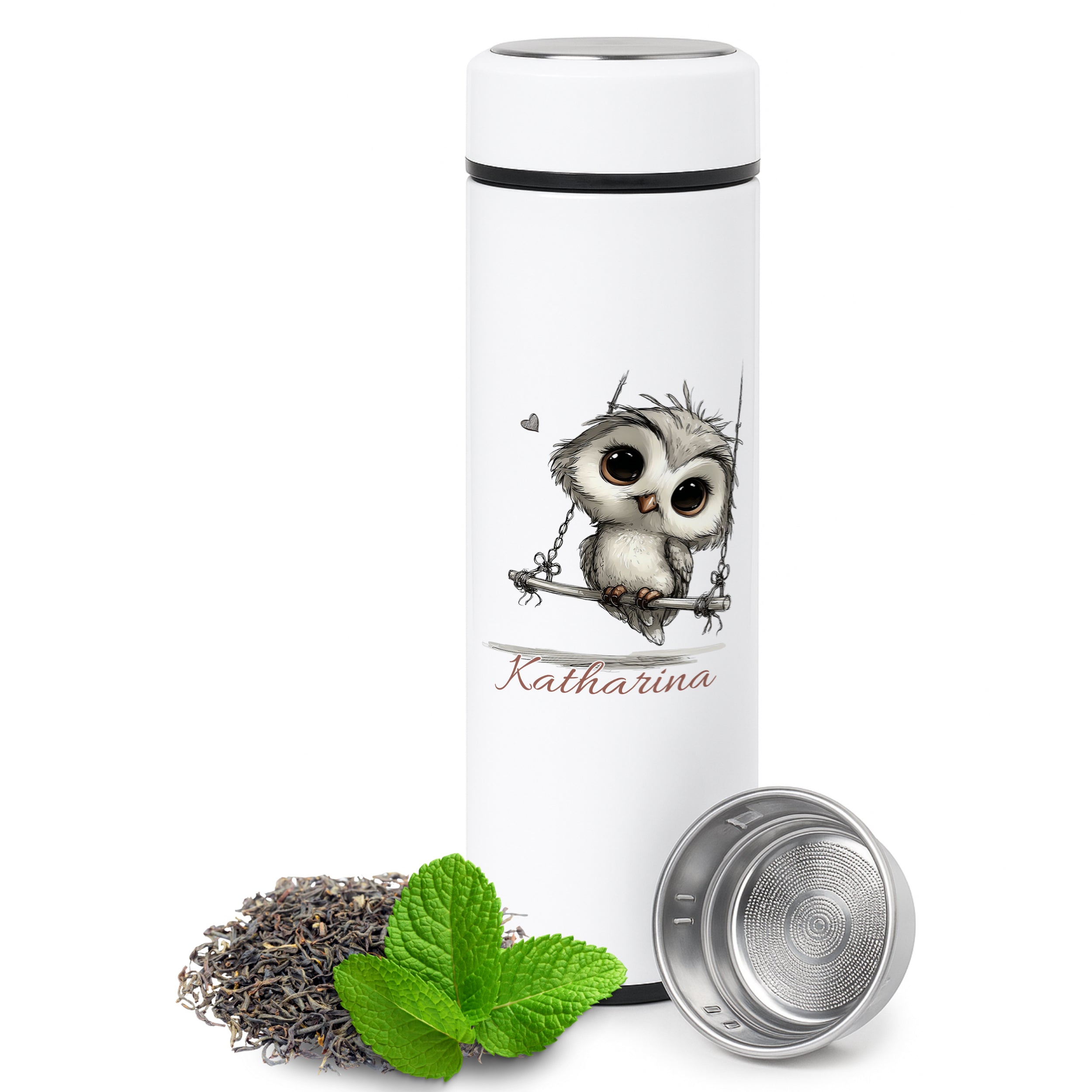 Weißer Thermobecher mit Eule, personalisiert mit "Katharina".