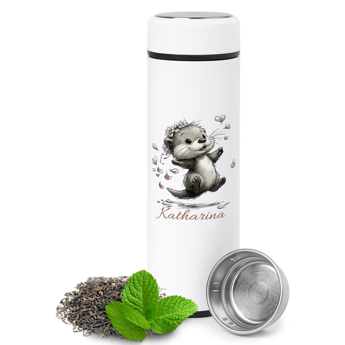 Weißer Thermobecher mit Otter-Motiv und Teesieb.